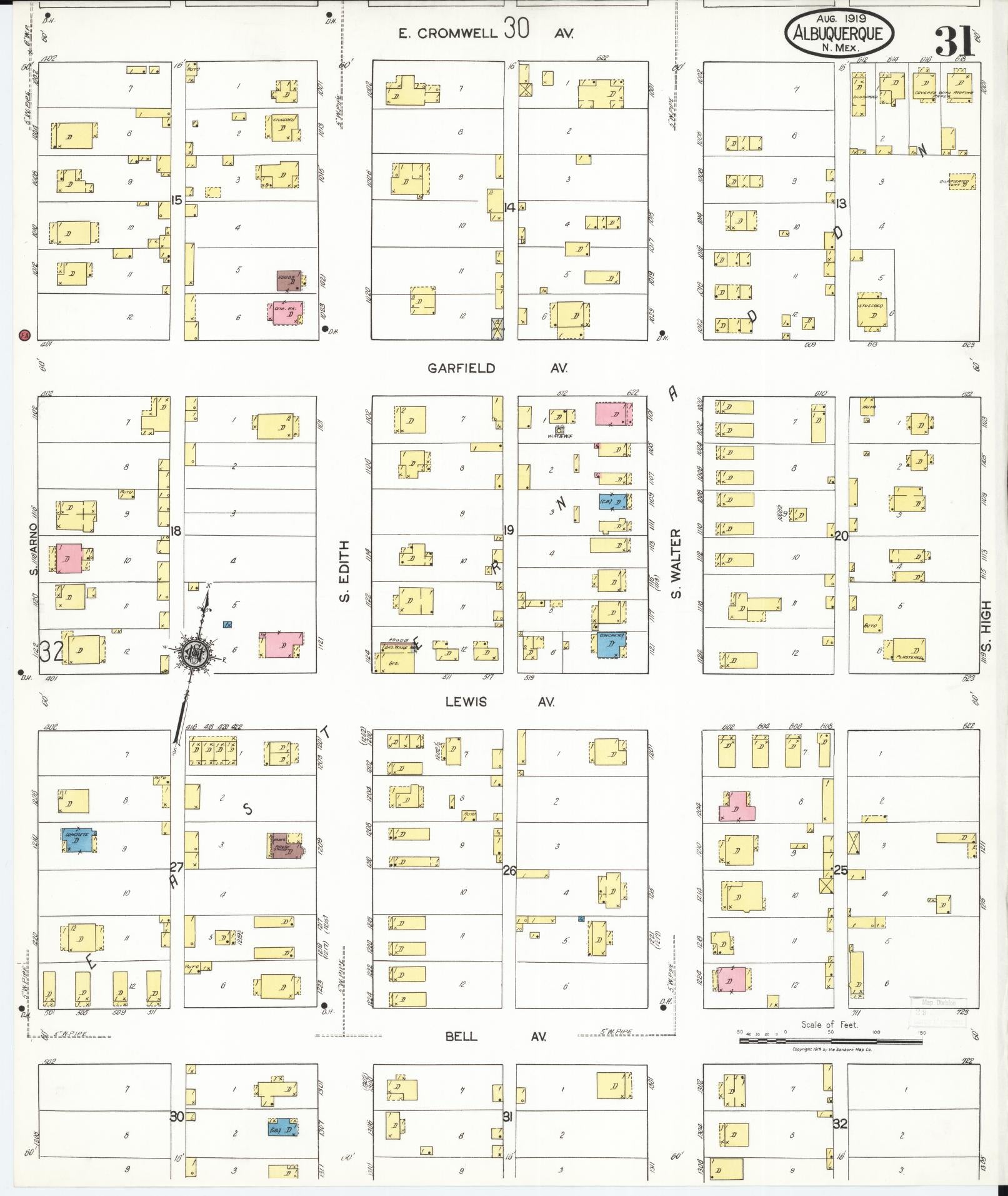 Sanborn Fire Insurance Map from Albuquerque, Bernalillo County, New Mexico (1919), Sheet #0031 - Historic Sanborn Fire Insurance Map Print, vintage old map wall art, antique decor, genealogy gift, New Mexico New Mexico map