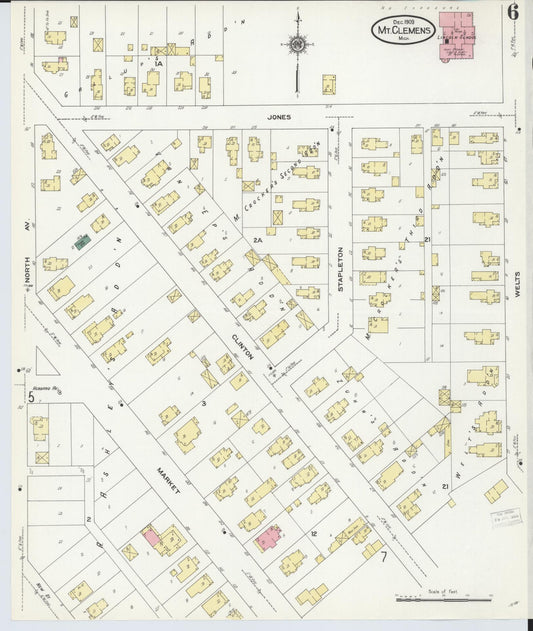 Sanborn Fire Insurance Map from Mount Clemens, Macomb County, Michigan (1909), Sheet #0006 - Historic Sanborn Fire Insurance Map Print, vintage old map wall art, antique decor, genealogy gift, Michigan Michigan map