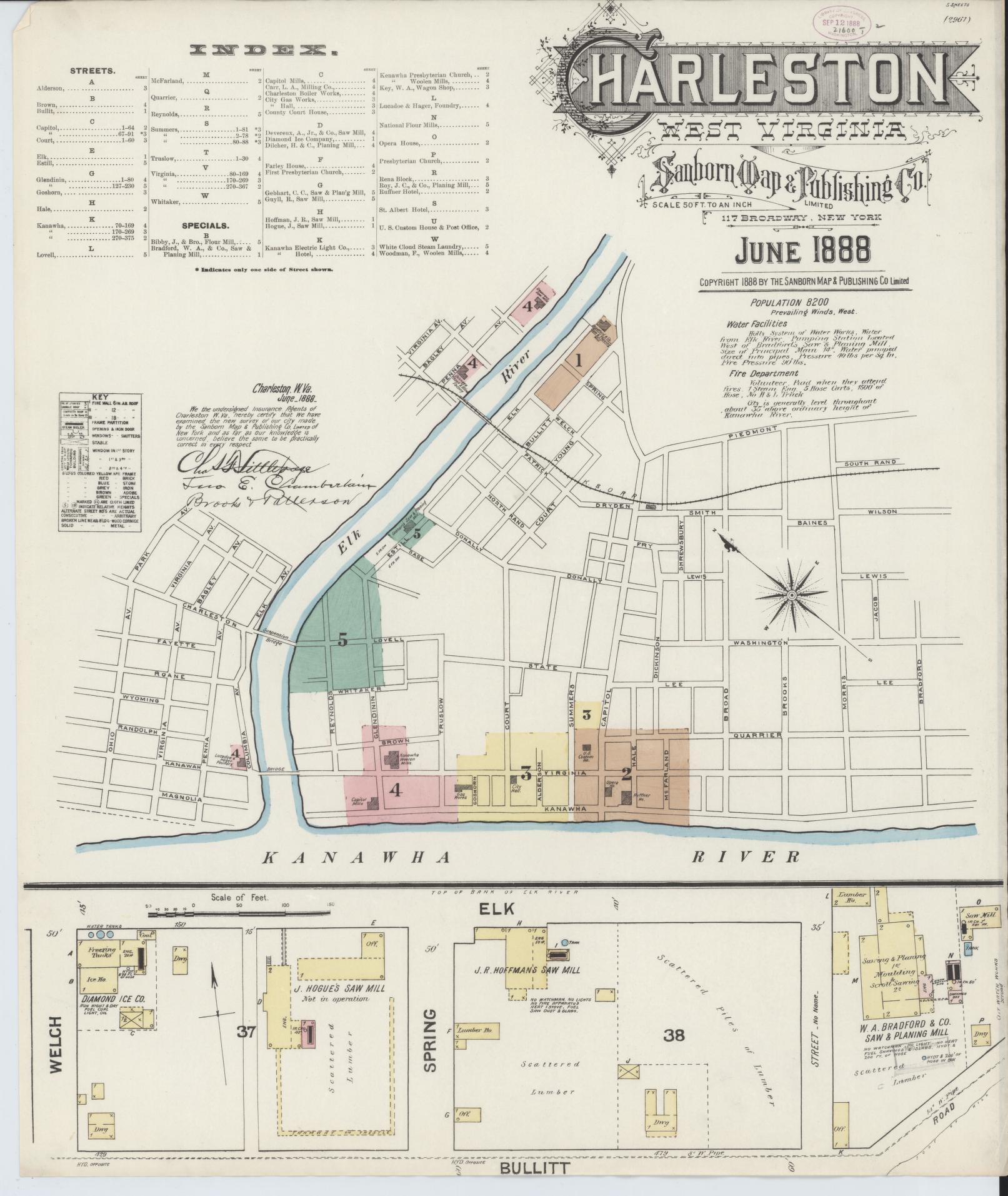 Sanborn Fire Insurance Map from Charleston, Kanawha County, West Virginia (1888), Sheet #0001 - Historic Sanborn Fire Insurance Map Print, vintage old map wall art, antique decor, genealogy gift, West Virginia West Virginia map