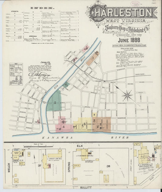 Sanborn Fire Insurance Map from Charleston, Kanawha County, West Virginia (1888), Sheet #0001 - Historic Sanborn Fire Insurance Map Print, vintage old map wall art, antique decor, genealogy gift, West Virginia West Virginia map