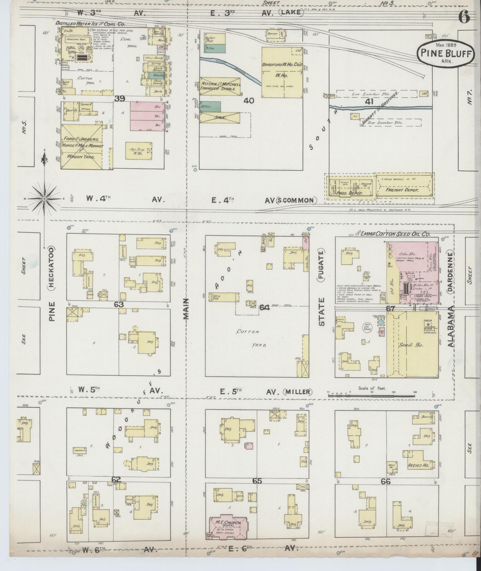 Sanborn Fire Insurance Map from Pine Bluff, Jefferson County, Arkansas (1889), Sheet #0006 - Complete Map Set gallery image, historic Sanborn map, vintage wall art, Arkansas Arkansas