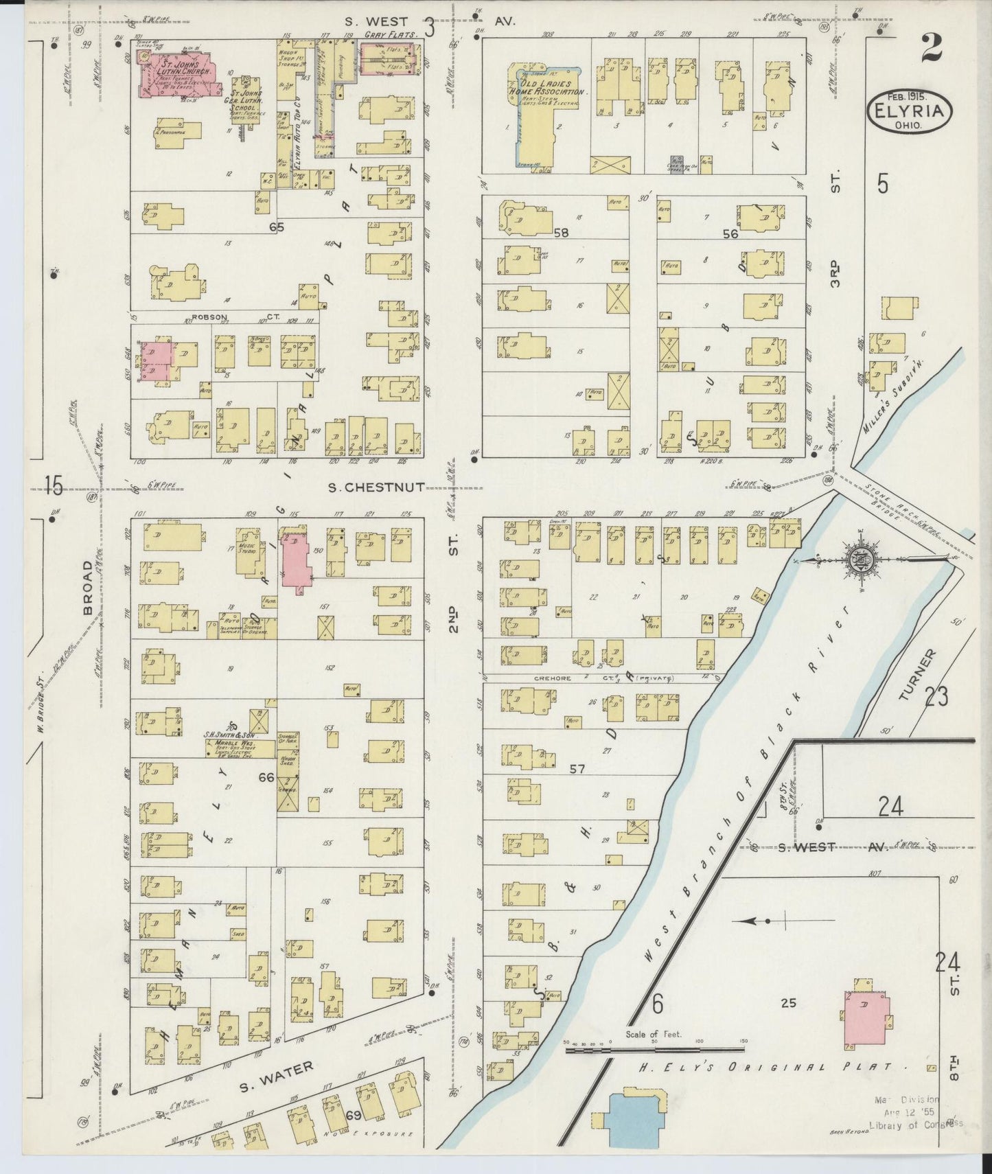 Sanborn Fire Insurance Map from Elyria, Lorain County, Ohio (1915), Sheet #0002 - Historic Sanborn Fire Insurance Map Print, vintage old map wall art, antique decor, genealogy gift, Ohio Ohio map