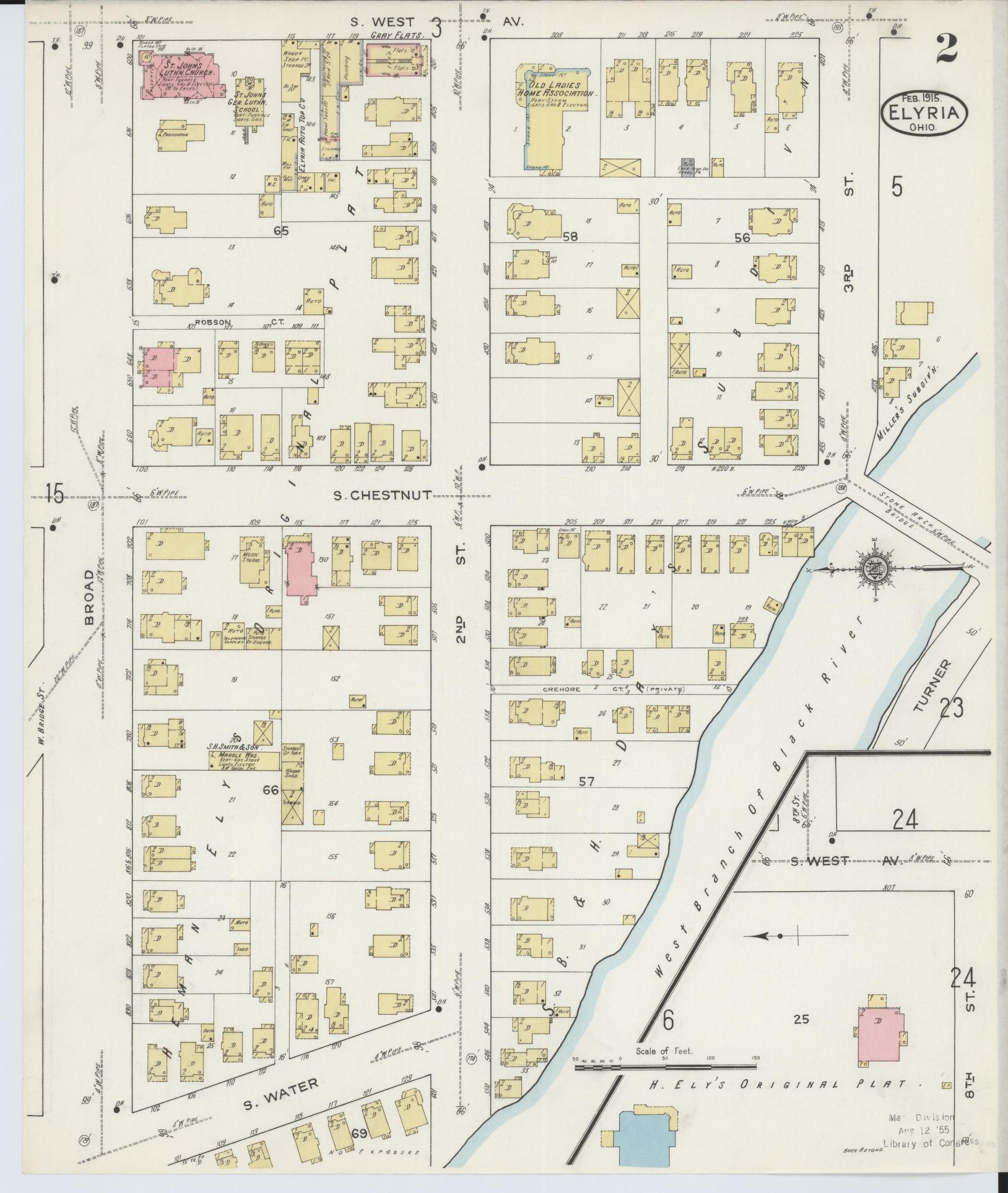 Sanborn Fire Insurance Map from Elyria, Lorain County, Ohio (1915), Sheet #0002 - Historic Sanborn Fire Insurance Map Print, vintage old map wall art, antique decor, genealogy gift, Ohio Ohio map