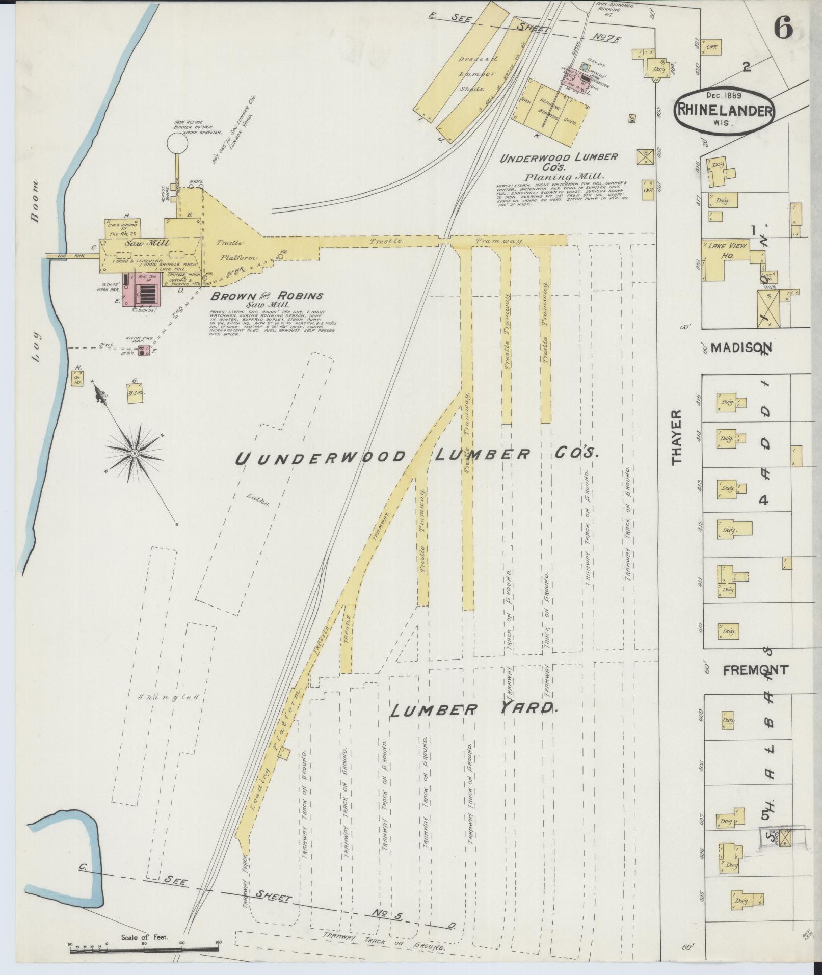 Sanborn Fire Insurance Map from Rhinelander, Oneida County, Wisconsin (1889), Sheet #0006 - Historic Sanborn Fire Insurance Map Print, vintage old map wall art, antique decor, genealogy gift, Wisconsin Wisconsin map