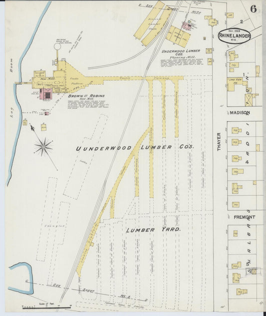 Sanborn Fire Insurance Map from Rhinelander, Oneida County, Wisconsin (1889), Sheet #0006 - Historic Sanborn Fire Insurance Map Print, vintage old map wall art, antique decor, genealogy gift, Wisconsin Wisconsin map
