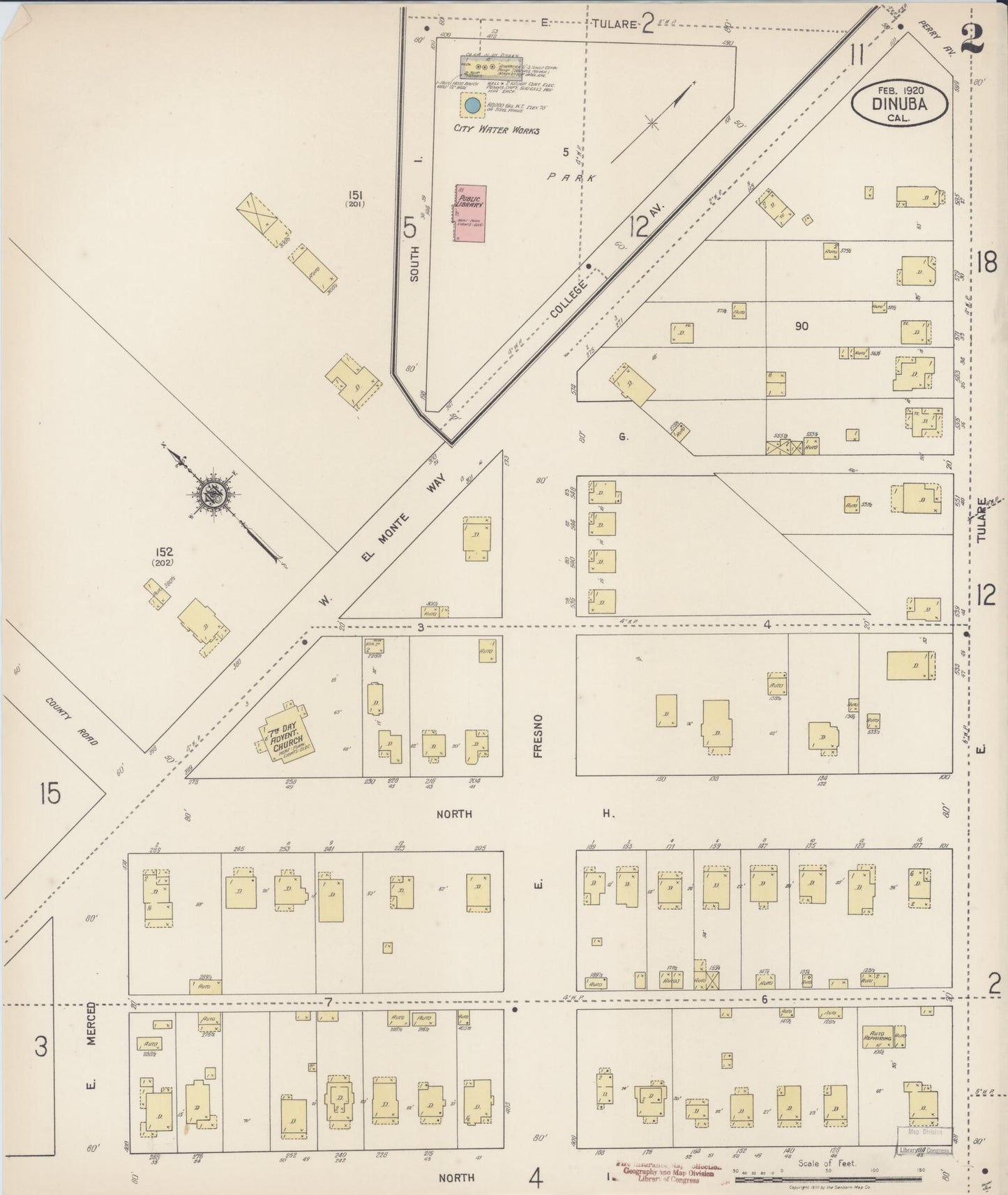 Sanborn Fire Insurance Map from Dinuba, Tulare County, California (1920), Sheet #0002 - Complete Map Set gallery image, historic Sanborn map, vintage wall art, California California