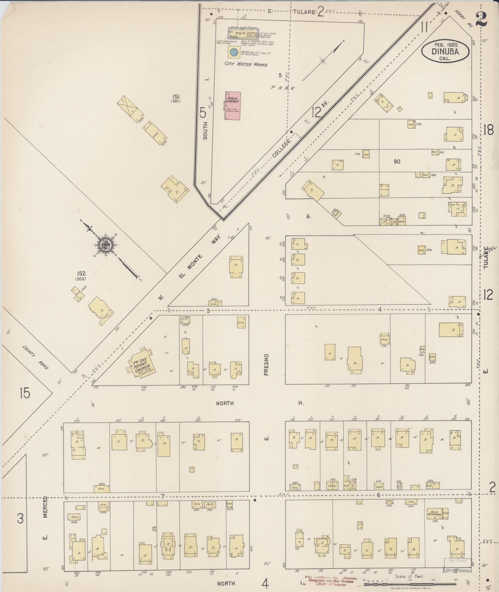 Sanborn Fire Insurance Map from Dinuba, Tulare County, California (1920), Sheet #0002 - Complete Map Set gallery image, historic Sanborn map, vintage wall art, California California