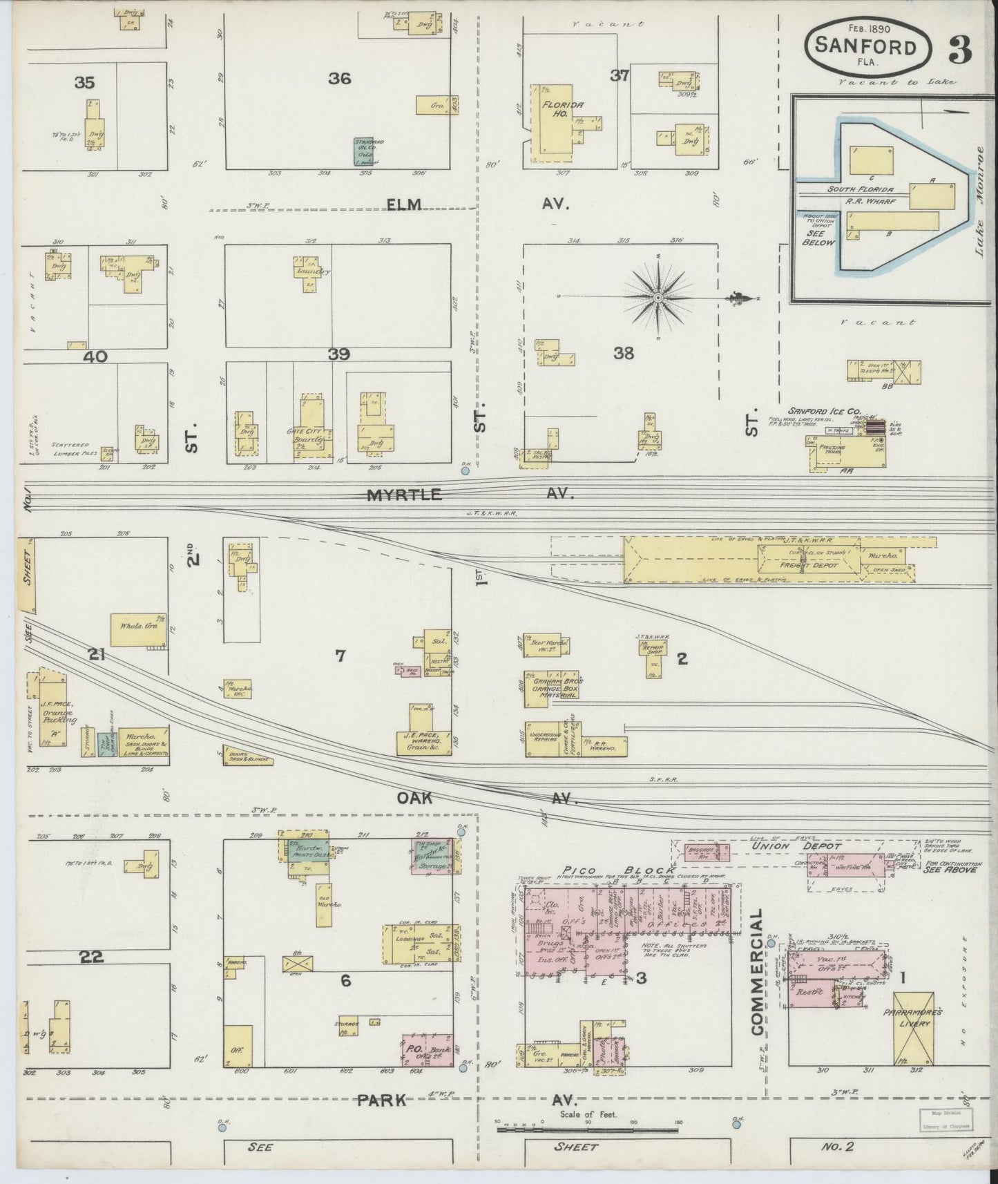 Sanborn Fire Insurance Map from Sanford, Seminole County, Florida (1890), Sheet #0003 - Historic Sanborn Fire Insurance Map Print, vintage old map wall art, antique decor, genealogy gift, Florida Florida map