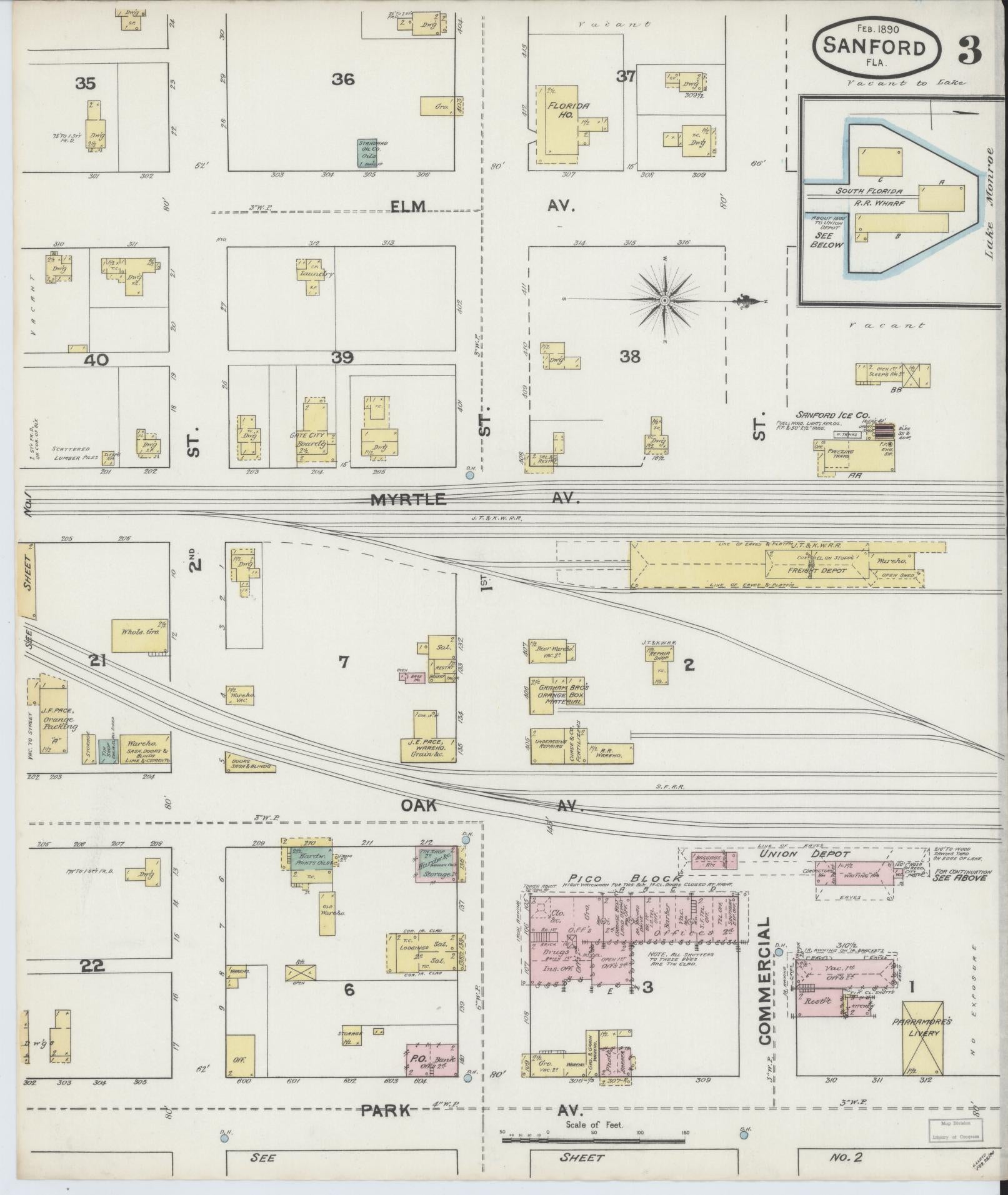 Sanborn Fire Insurance Map from Sanford, Seminole County, Florida (1890), Sheet #0003 - Historic Sanborn Fire Insurance Map Print, vintage old map wall art, antique decor, genealogy gift, Florida Florida map