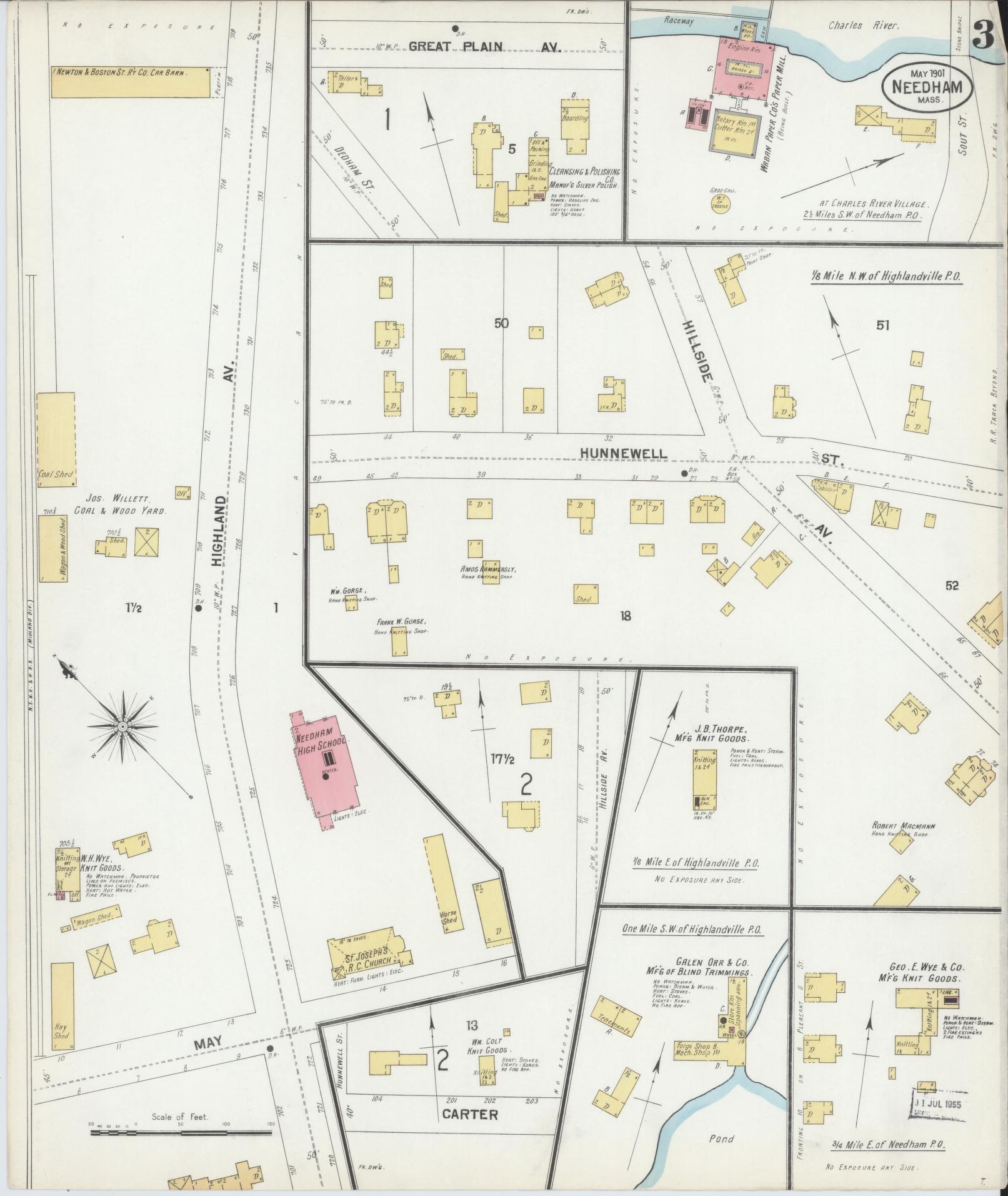 Sanborn Fire Insurance Map from Needham, Norfolk County, Massachusetts (1901), Sheet #0003 - Historic Sanborn Fire Insurance Map Print, vintage old map wall art, antique decor, genealogy gift, Massachusetts Massachusetts map