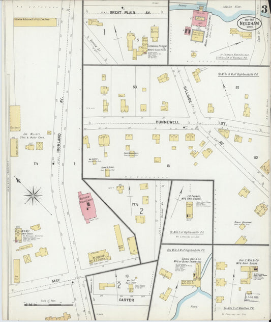 Sanborn Fire Insurance Map from Needham, Norfolk County, Massachusetts (1901), Sheet #0003 - Historic Sanborn Fire Insurance Map Print, vintage old map wall art, antique decor, genealogy gift, Massachusetts Massachusetts map