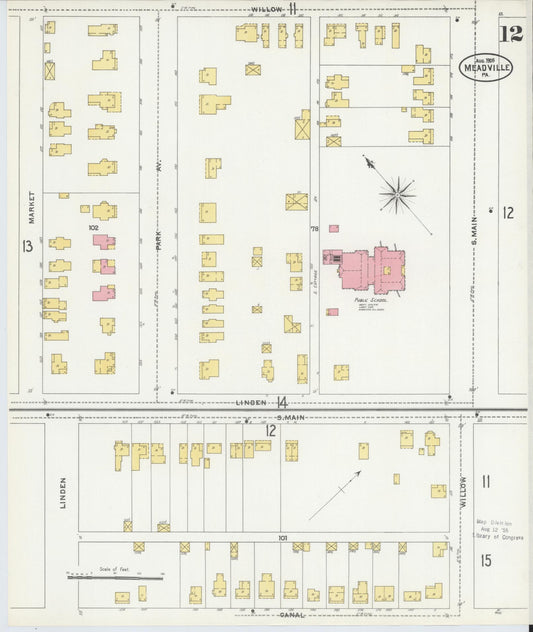 Sanborn Fire Insurance Map from Meadville, Crawford County, Pennsylvania (1905), Sheet #0012 - Historic Sanborn Fire Insurance Map Print, vintage old map wall art, antique decor, genealogy gift, Pennsylvania Pennsylvania map