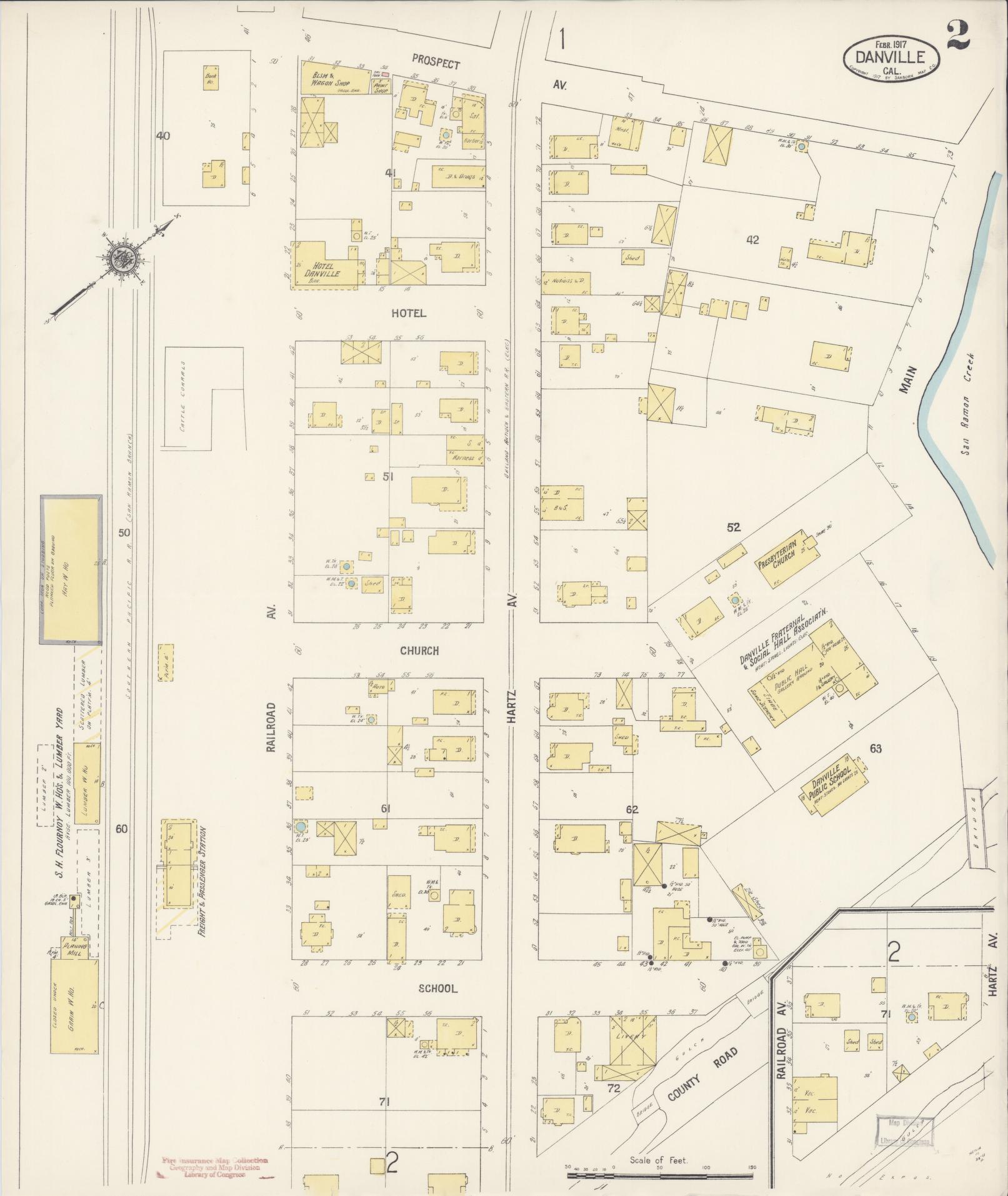 Sanborn Fire Insurance Map from Danville, Contra Costa County, California (1917), Sheet #0002 - Complete Map Set gallery image, historic Sanborn map, vintage wall art, California California