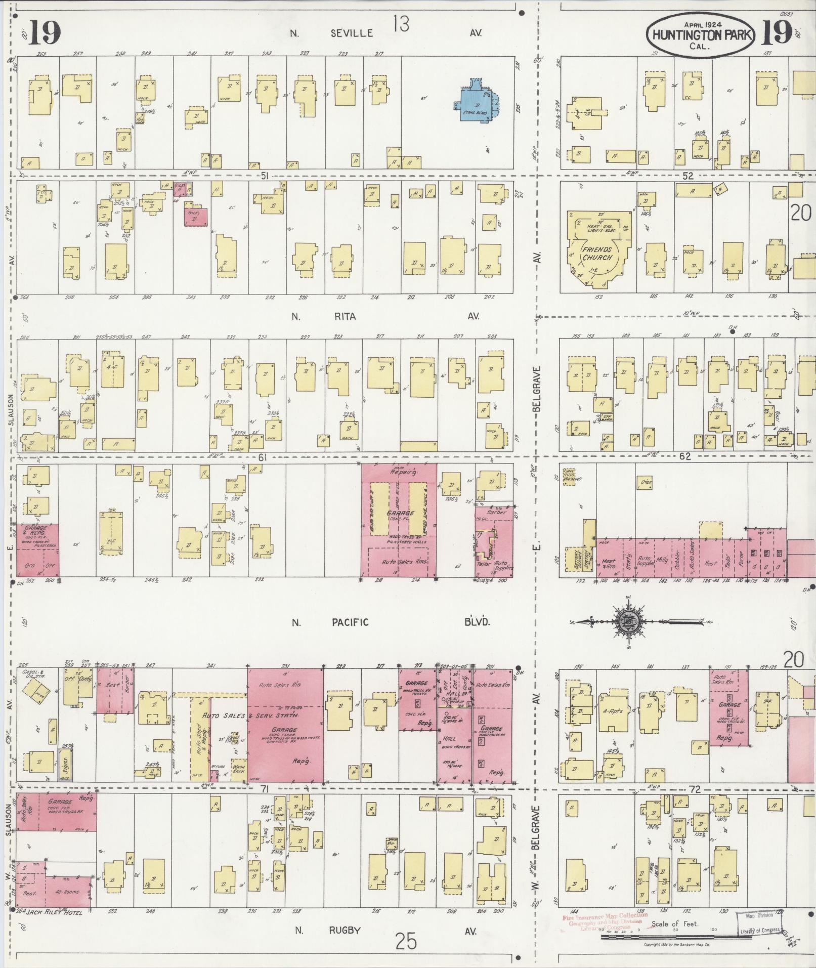 Sanborn Fire Insurance Map from Huntington Park, Los Angeles County, California (1924), Sheet #0019 - Historic Sanborn Fire Insurance Map Print, vintage old map wall art, antique decor, genealogy gift, California California map