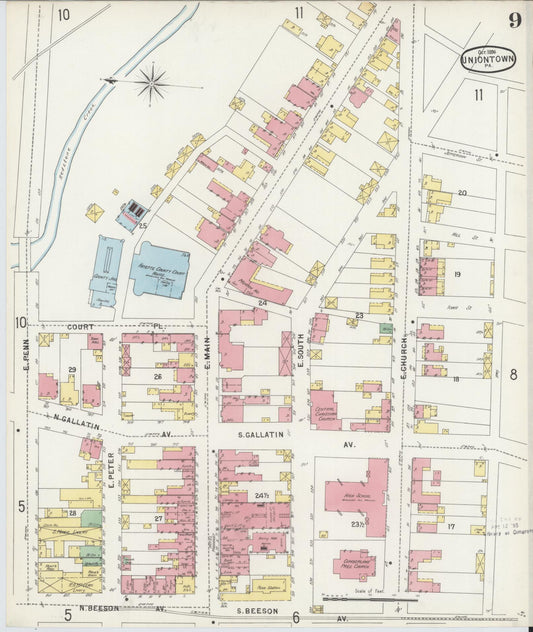 Sanborn Fire Insurance Map from Uniontown, Fayette County, Pennsylvania (1896), Sheet #0009 - Historic Sanborn Fire Insurance Map Print, vintage old map wall art, antique decor, genealogy gift, Pennsylvania Pennsylvania map