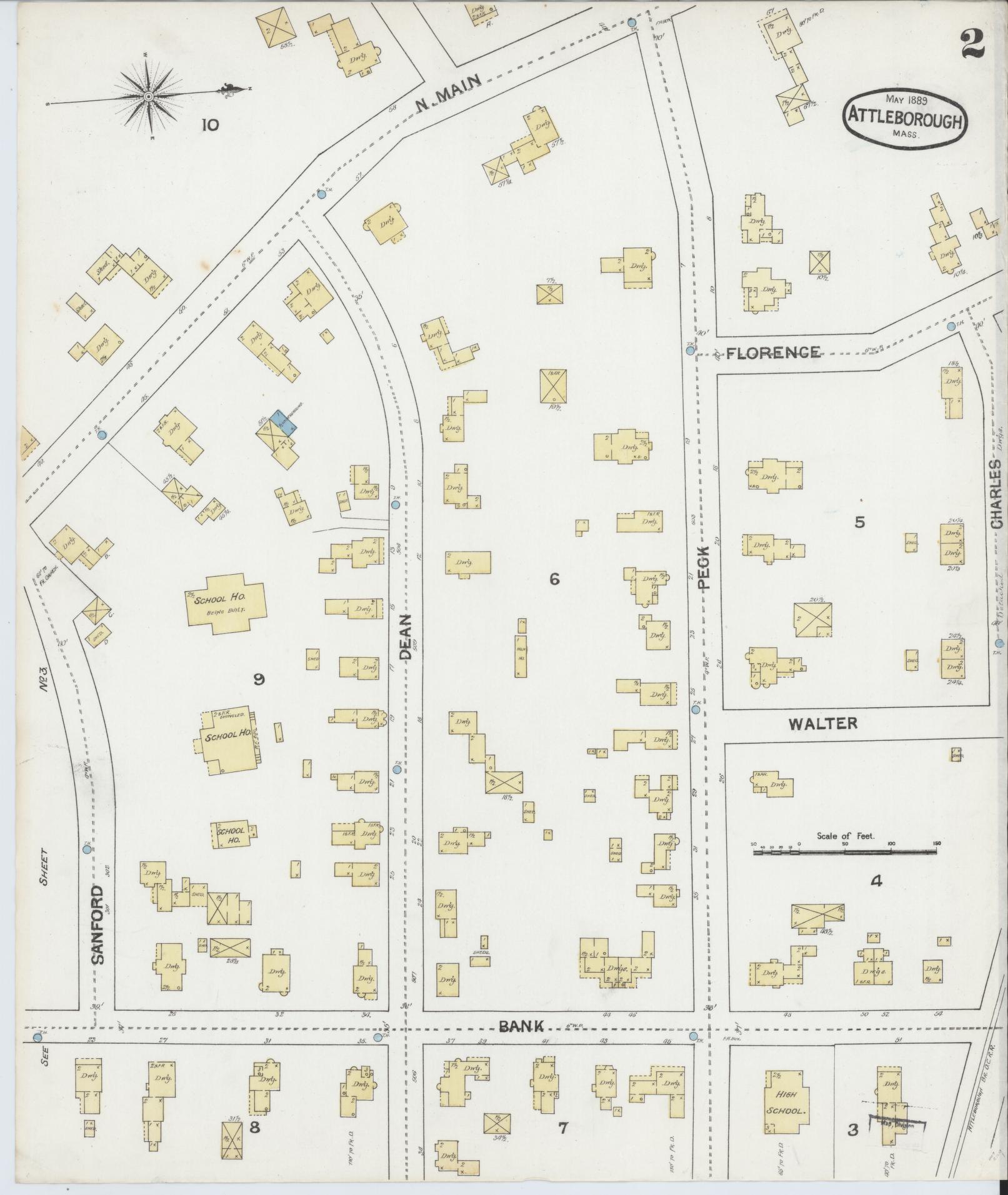Sanborn Fire Insurance Map from Attleboro, Bristol County, Massachusetts (1889), Sheet #0002 - Historic Sanborn Fire Insurance Map Print, vintage old map wall art, antique decor, genealogy gift, Massachusetts Massachusetts map
