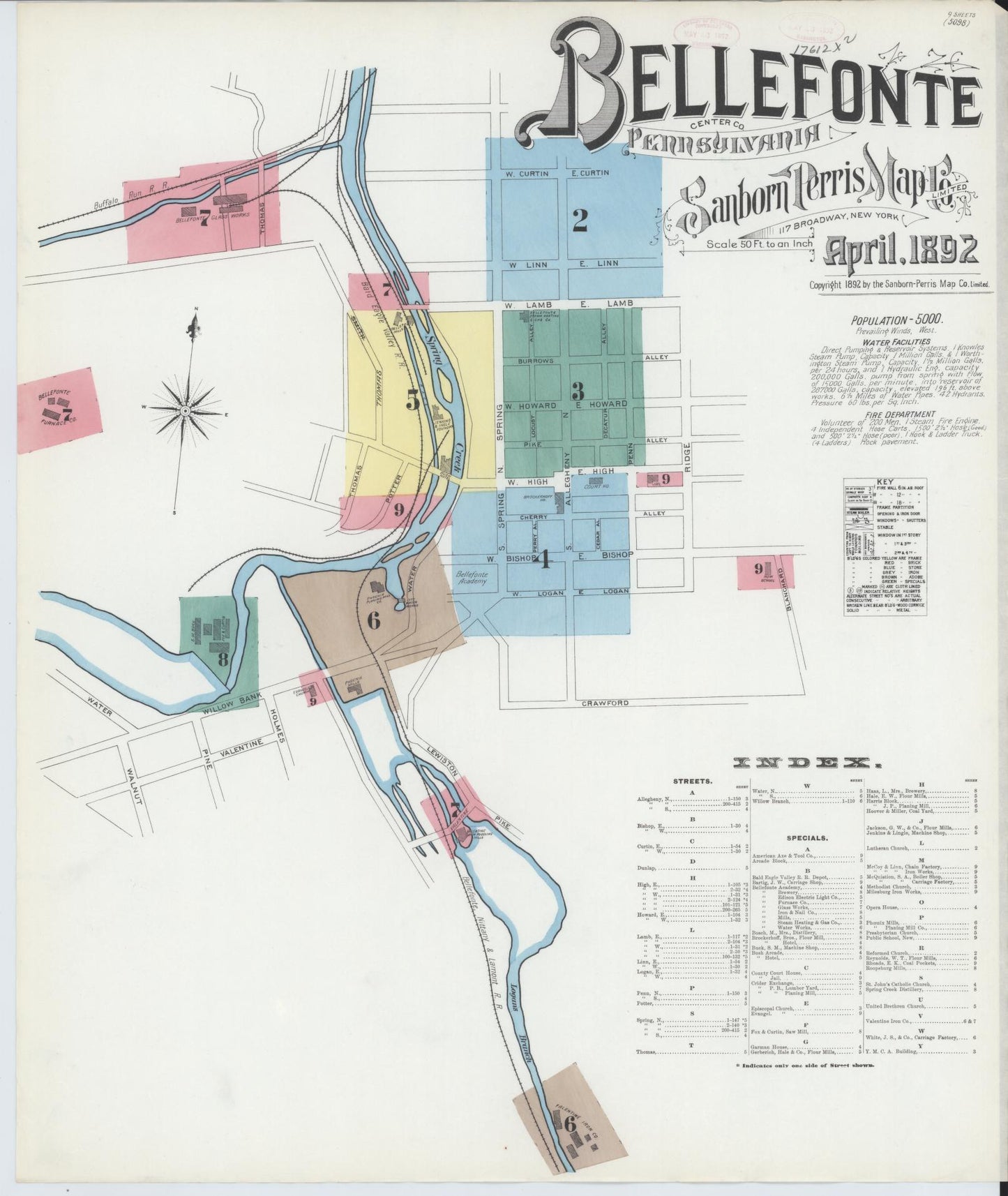 Sanborn Fire Insurance Map from Bellefonte, Centre County, Pennsylvania (1892), Sheet #0001 - Historic Sanborn Fire Insurance Map Print, vintage old map wall art, antique decor, genealogy gift, Pennsylvania Pennsylvania map
