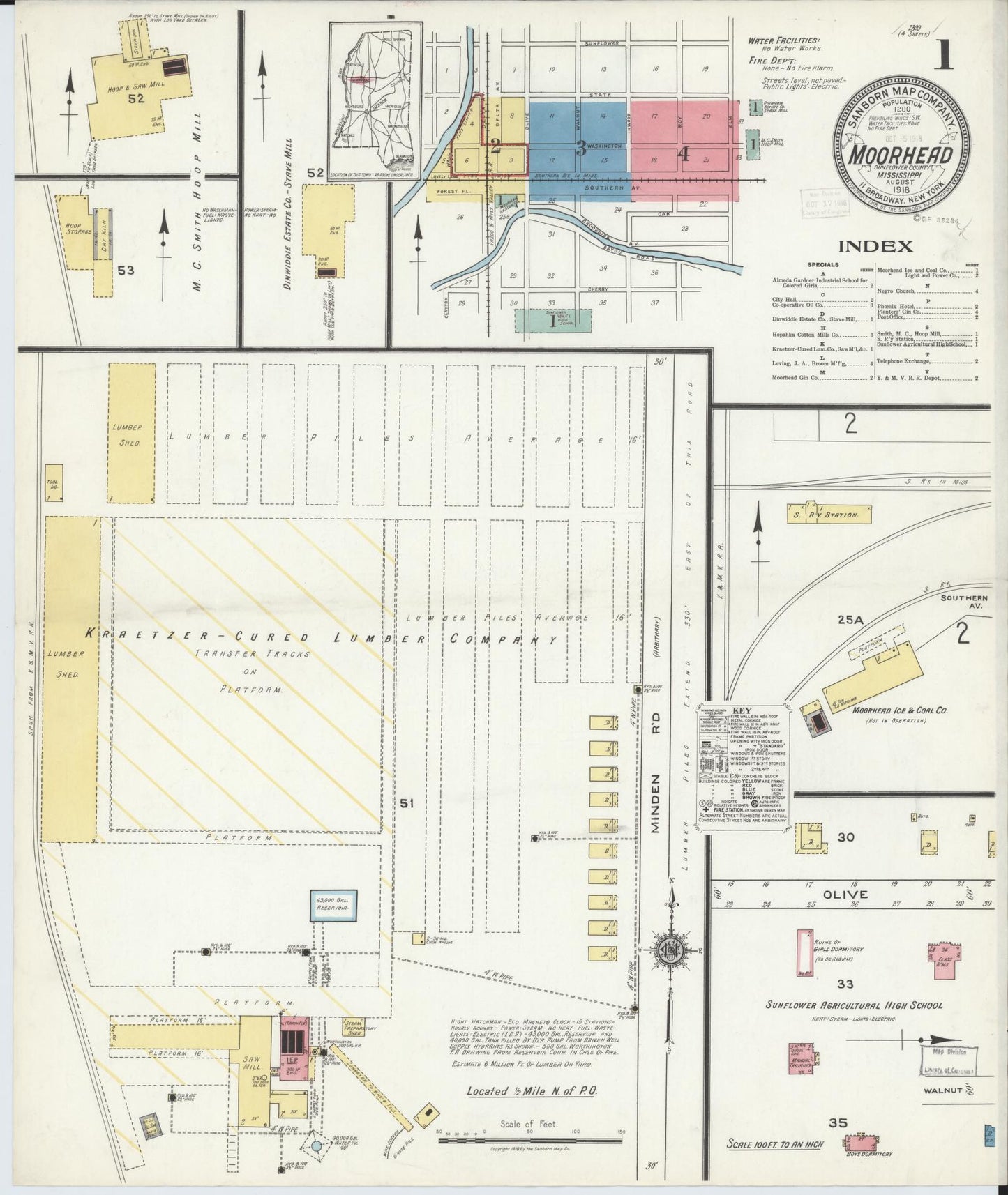 Sanborn Fire Insurance Map from Moorhead, Sunflower County, Mississippi (1918), Sheet #0001 - Historic Sanborn Fire Insurance Map Print, vintage old map wall art, antique decor, genealogy gift, Mississippi Mississippi map