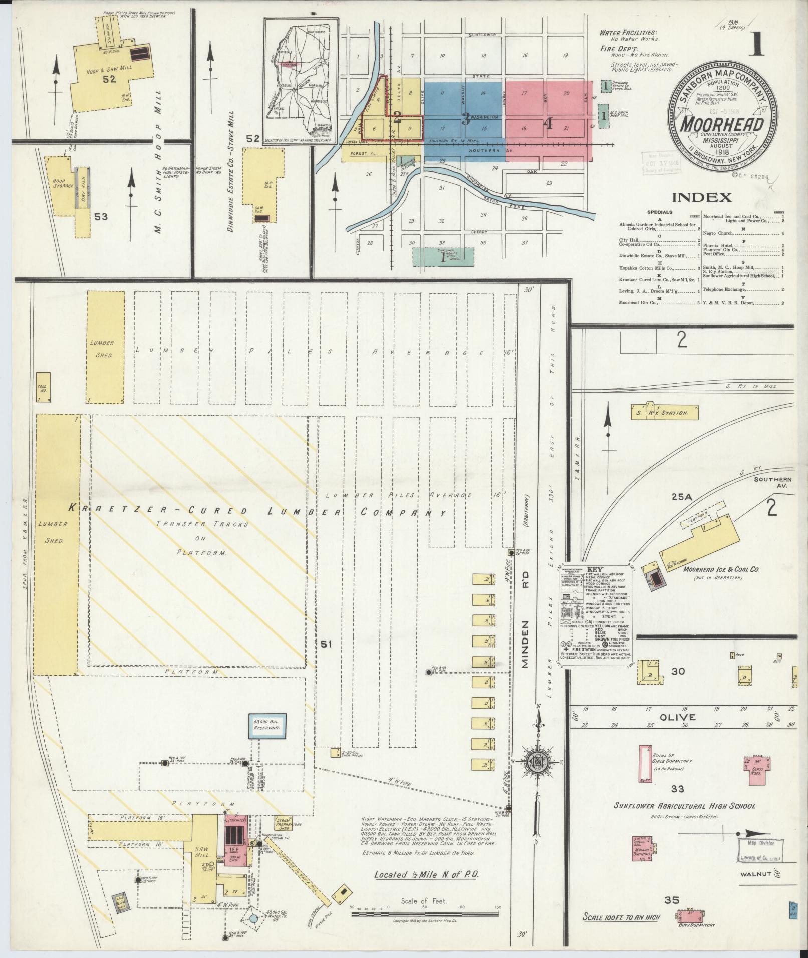 Sanborn Fire Insurance Map from Moorhead, Sunflower County, Mississippi (1918), Sheet #0001 - Historic Sanborn Fire Insurance Map Print, vintage old map wall art, antique decor, genealogy gift, Mississippi Mississippi map