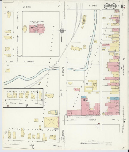 Sanborn Fire Insurance Map from Big Rapids, Mecosta County, Michigan (1914), Sheet #0008 - Historic Sanborn Fire Insurance Map Print, vintage old map wall art, antique decor, genealogy gift, Michigan Michigan map