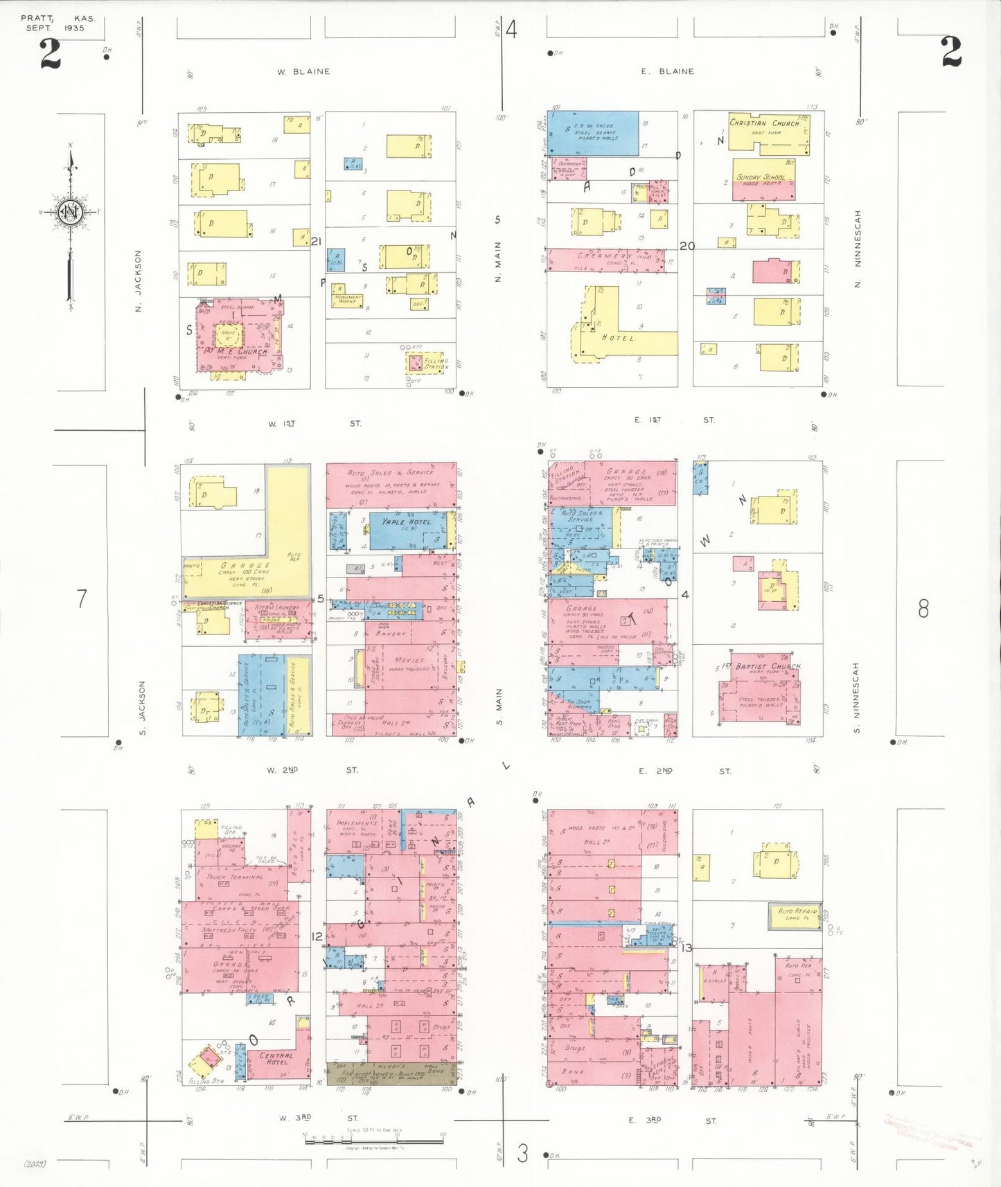 Sanborn Fire Insurance Map from Pratt, Pratt County, Kansas (1935), Sheet #0002 - Complete Map Set gallery image, historic Sanborn map, vintage wall art, Kansas Kansas