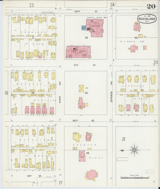 Sanborn Fire Insurance Map from Rock Island, Rock Island County, Illinois (1898), Sheet #0020 - Historic Sanborn Fire Insurance Map Print, vintage old map wall art, antique decor, genealogy gift, Illinois Illinois map