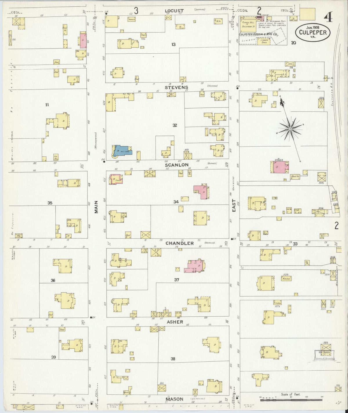 Sanborn Fire Insurance Map from Culpeper, Culpeper County, Virginia (1908), Sheet #0004 - Historic Sanborn Fire Insurance Map Print, vintage old map wall art, antique decor, genealogy gift, Virginia Virginia map