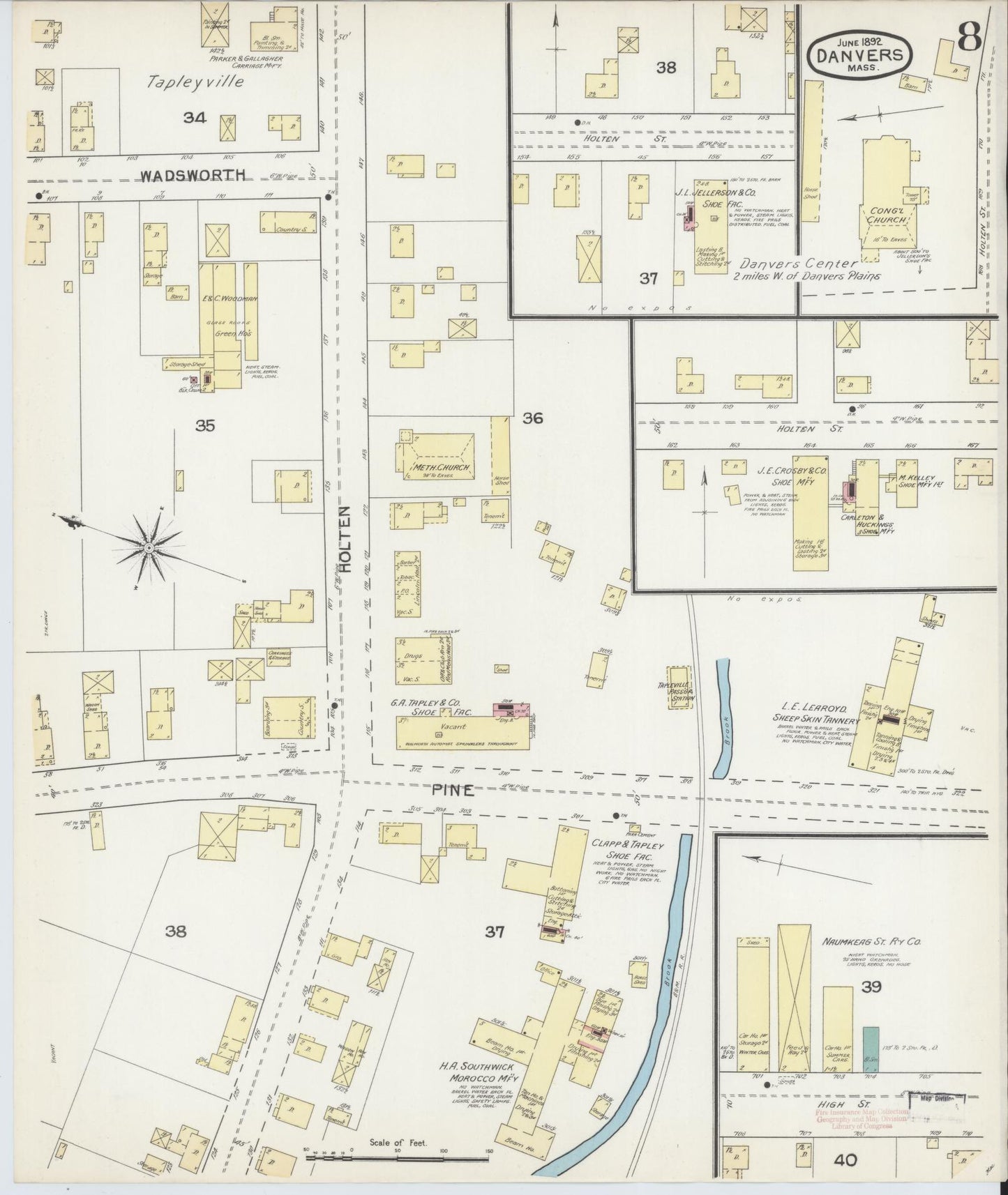 Sanborn Fire Insurance Map from Danvers, Essex County, Massachusetts (1892), Sheet #0008 - Complete Map Set gallery image, historic Sanborn map, vintage wall art, Massachusetts Massachusetts