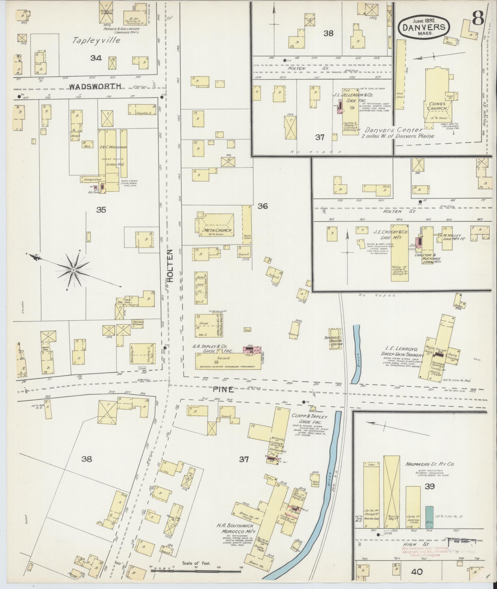 Sanborn Fire Insurance Map from Danvers, Essex County, Massachusetts (1892), Sheet #0008 - Complete Map Set gallery image, historic Sanborn map, vintage wall art, Massachusetts Massachusetts