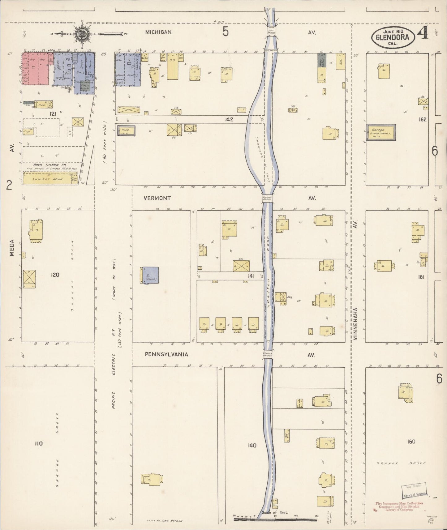Sanborn Fire Insurance Map from Glendora, Los Angeles County, California (1910), Sheet #0004 - Complete Map Set gallery image, historic Sanborn map, vintage wall art, California California