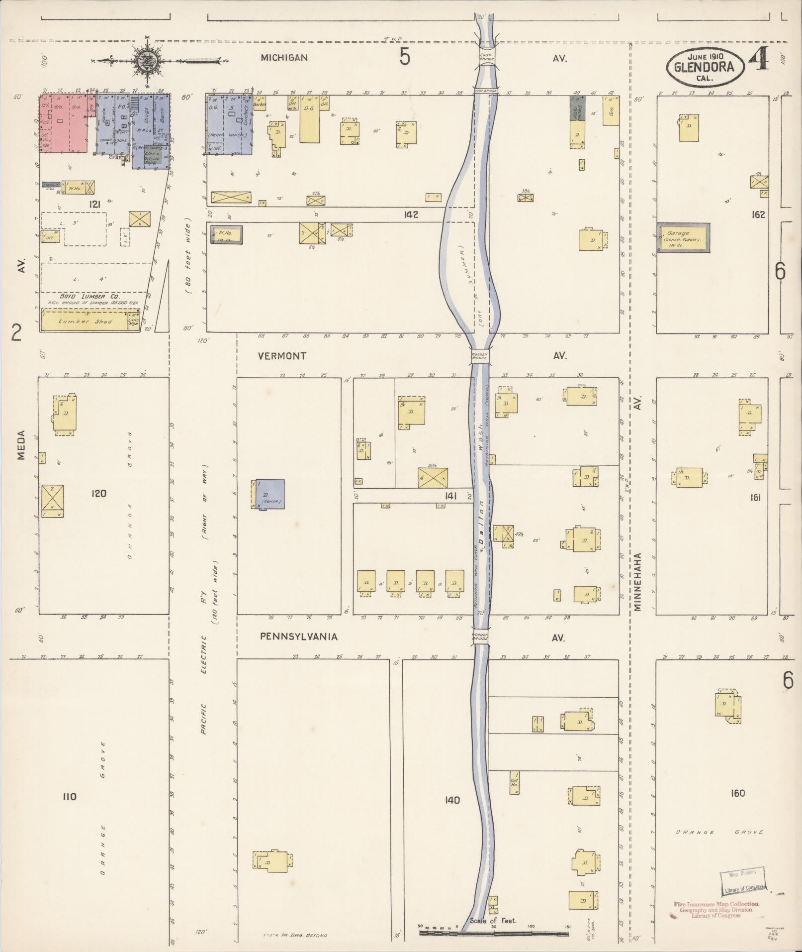 Sanborn Fire Insurance Map from Glendora, Los Angeles County, California (1910), Sheet #0004 - Complete Map Set gallery image, historic Sanborn map, vintage wall art, California California