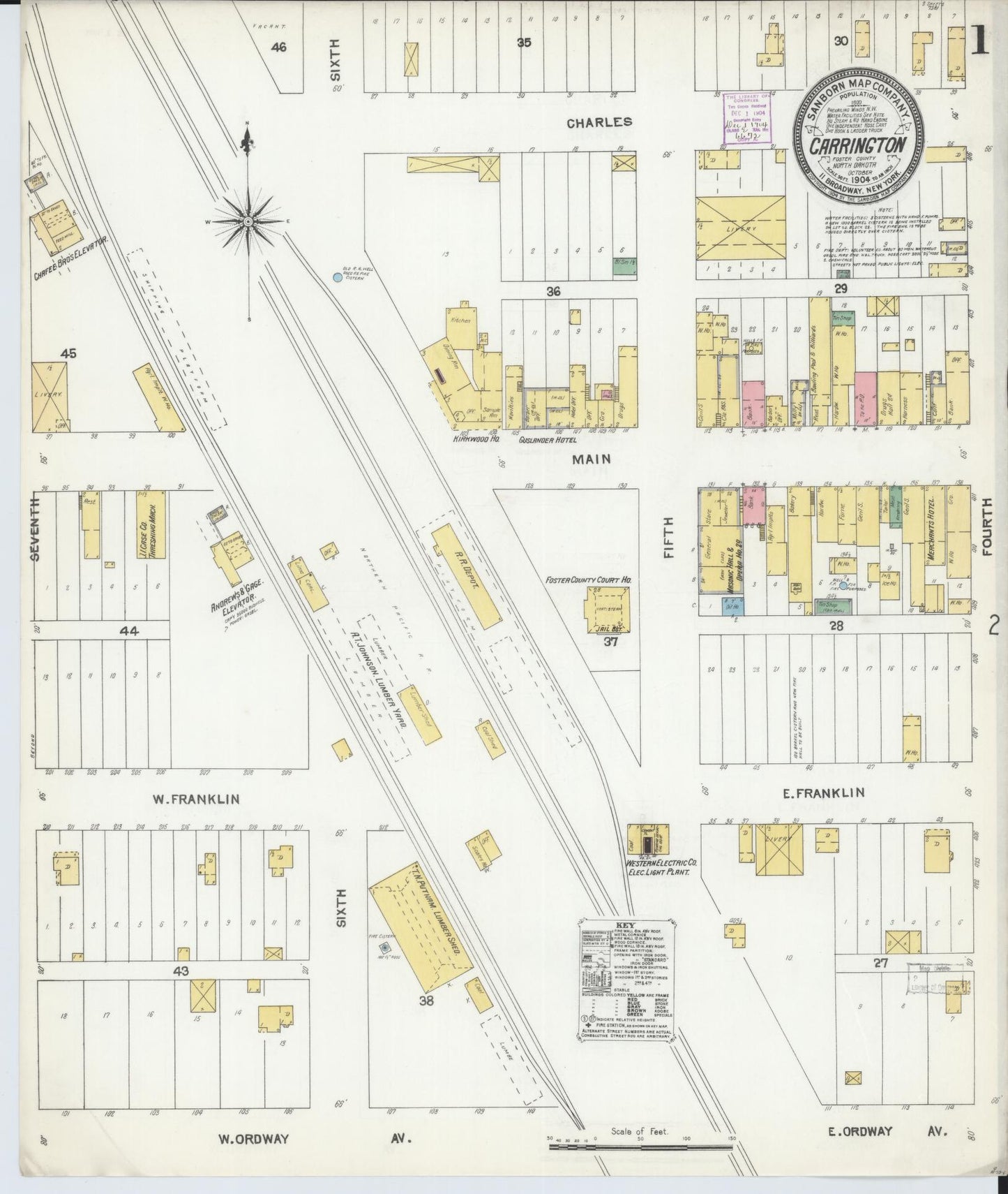Sanborn Fire Insurance Map from Carrington, Foster County, North Dakota (1904), Sheet #0001 - Complete Map Set gallery image, historic Sanborn map, vintage wall art, North Dakota North Dakota