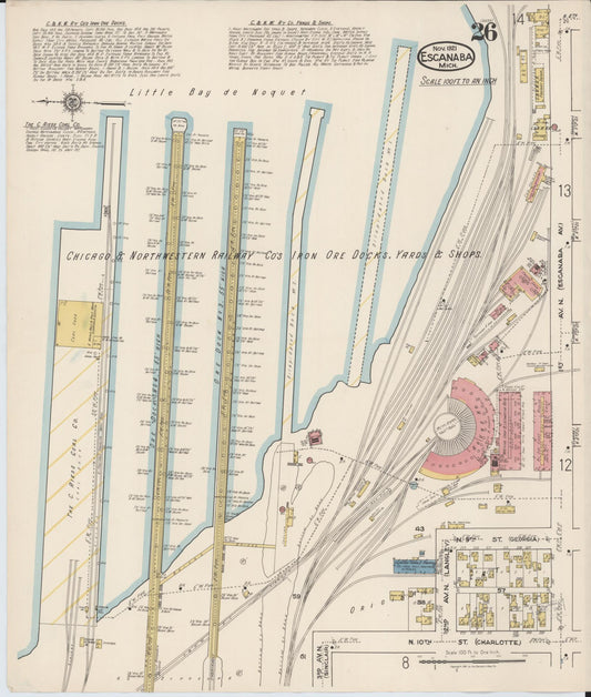 Sanborn Fire Insurance Map from Escanaba, Delta County, Michigan (1921), Sheet #0026 - Historic Sanborn Fire Insurance Map Print, vintage old map wall art, antique decor, genealogy gift, Michigan Michigan map