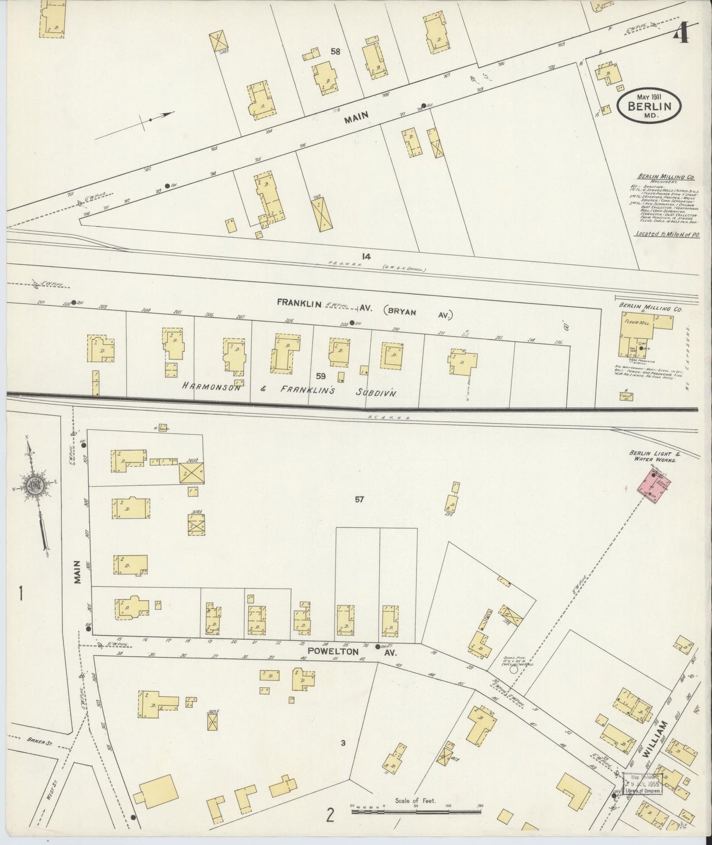 Sanborn Fire Insurance Map from Berlin, Worcester County, Maryland (1911), Sheet #0004 - Historic Sanborn Fire Insurance Map Print, vintage old map wall art, antique decor, genealogy gift, Maryland Maryland map