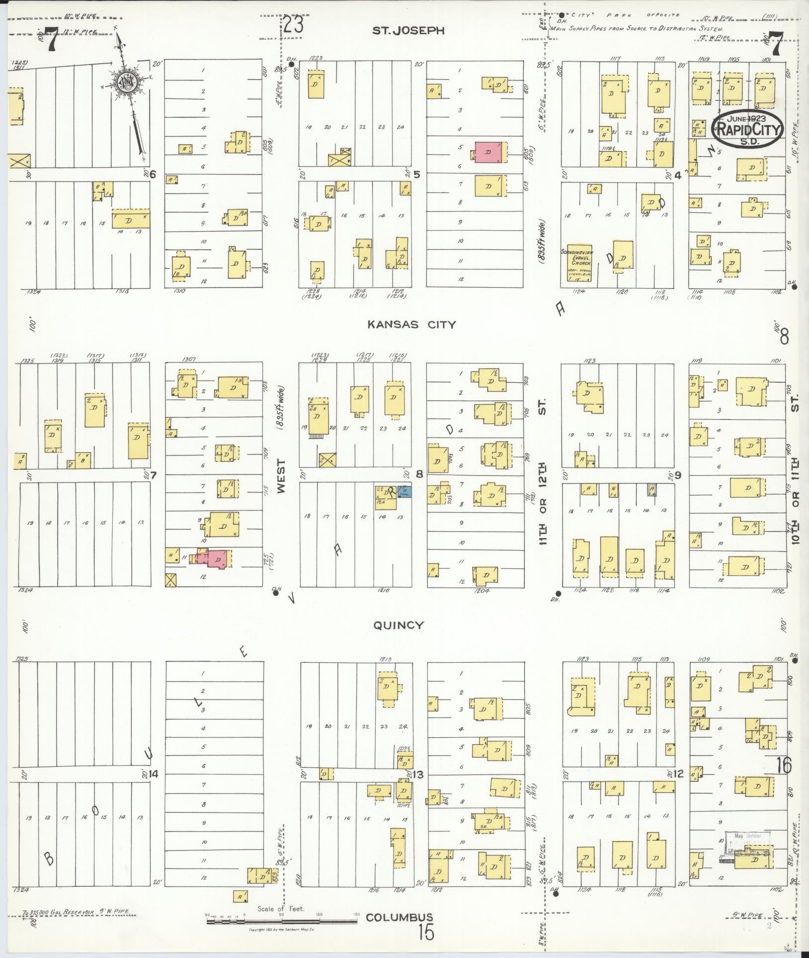 Sanborn Fire Insurance Map from Rapid City, Pennington County, South Dakota (1923), Sheet #0007 - Historic Sanborn Fire Insurance Map Print, vintage old map wall art, antique decor, genealogy gift, South Dakota South Dakota map