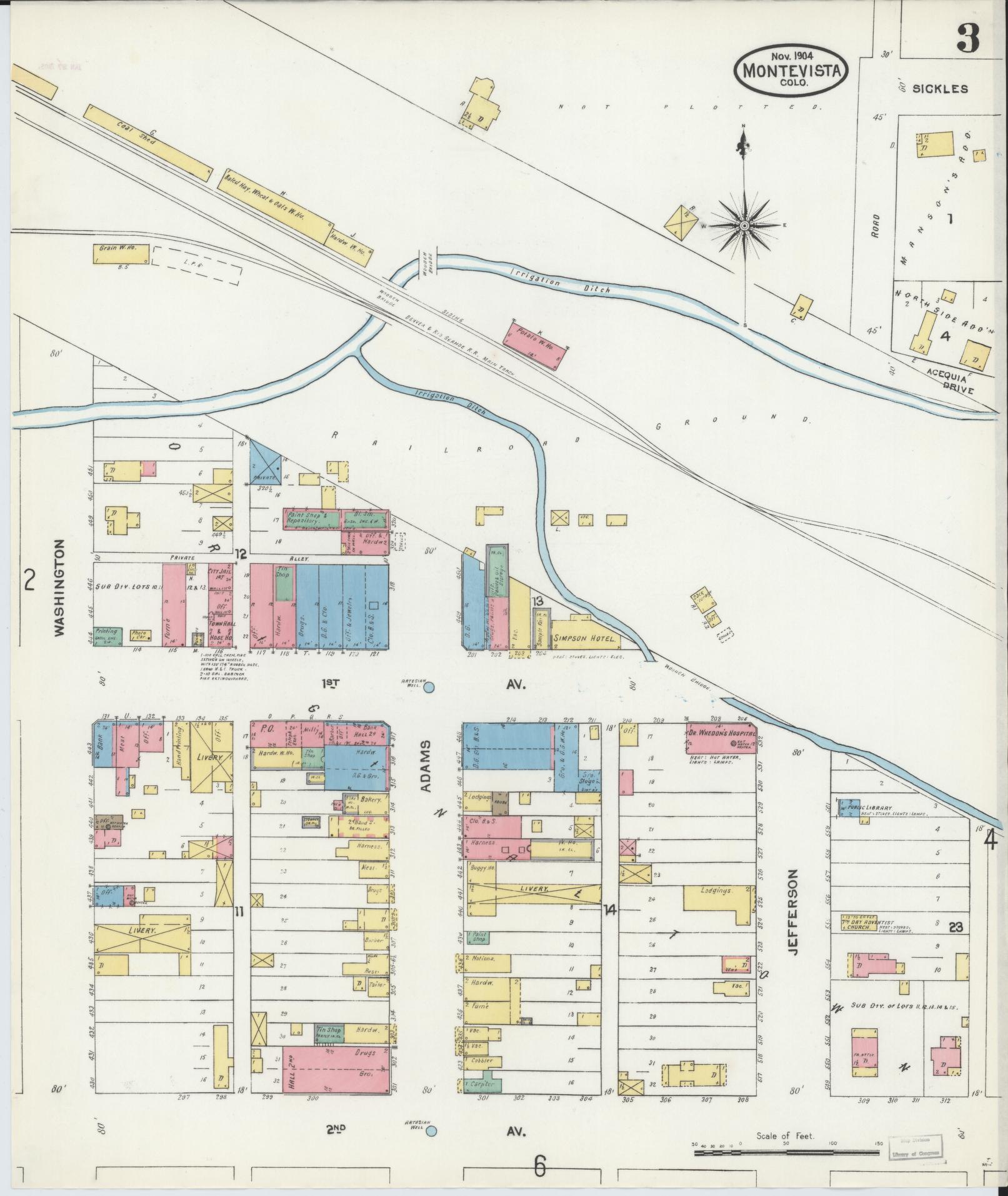 Sanborn Fire Insurance Map from Monte Vista, Rio Grande County, Colorado (1904), Sheet #0003 - Historic Sanborn Fire Insurance Map Print, vintage old map wall art, antique decor, genealogy gift, Colorado Colorado map