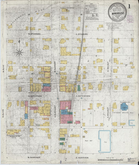 Sanborn Fire Insurance Map from Wakarusa, Elkhart County, Indiana (1905), Sheet #0001 - Complete Map Set gallery image, historic Sanborn map, vintage wall art, Indiana Indiana