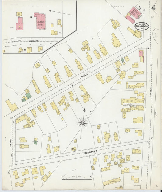 Sanborn Fire Insurance Map from Brandon, Rutland County, Vermont (1904), Sheet #0004 - Historic Sanborn Fire Insurance Map Print, vintage old map wall art, antique decor, genealogy gift, Vermont Vermont map