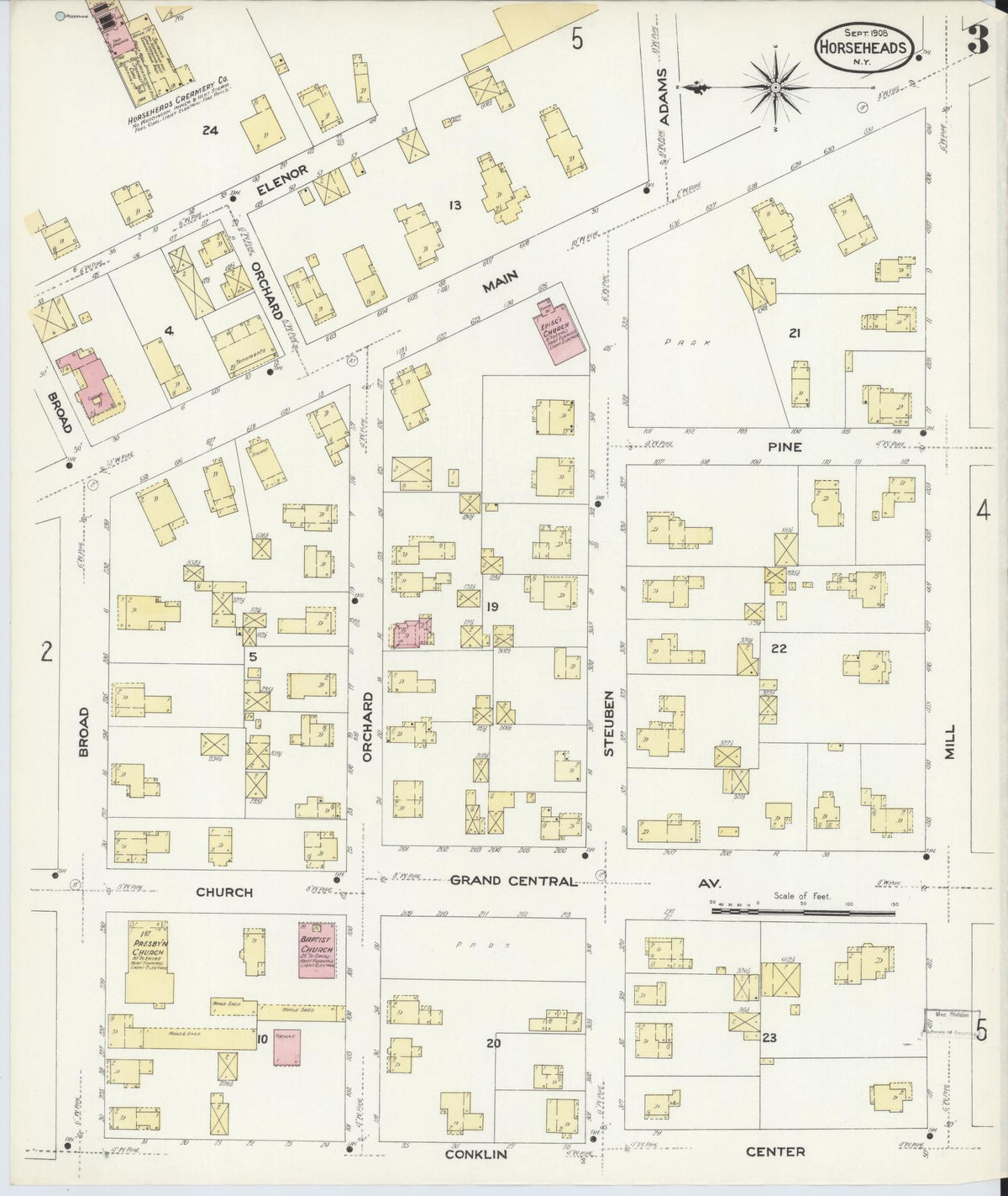 Sanborn Fire Insurance Map from Horseheads, Chemung County, New York (1908), Sheet #0003 - Historic Sanborn Fire Insurance Map Print, vintage old map wall art, antique decor, genealogy gift, New York New York map