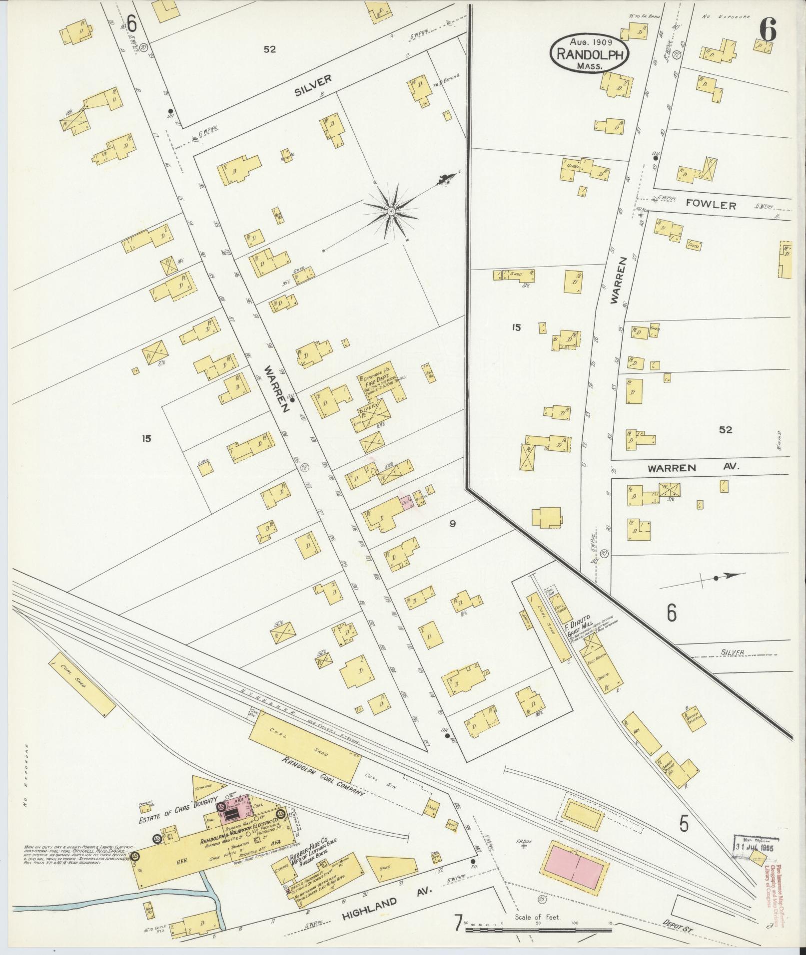 Sanborn Fire Insurance Map from Randolph, Norfolk County, Massachusetts (1909), Sheet #0006 - Historic Sanborn Fire Insurance Map Print, vintage old map wall art, antique decor, genealogy gift, Massachusetts Massachusetts map