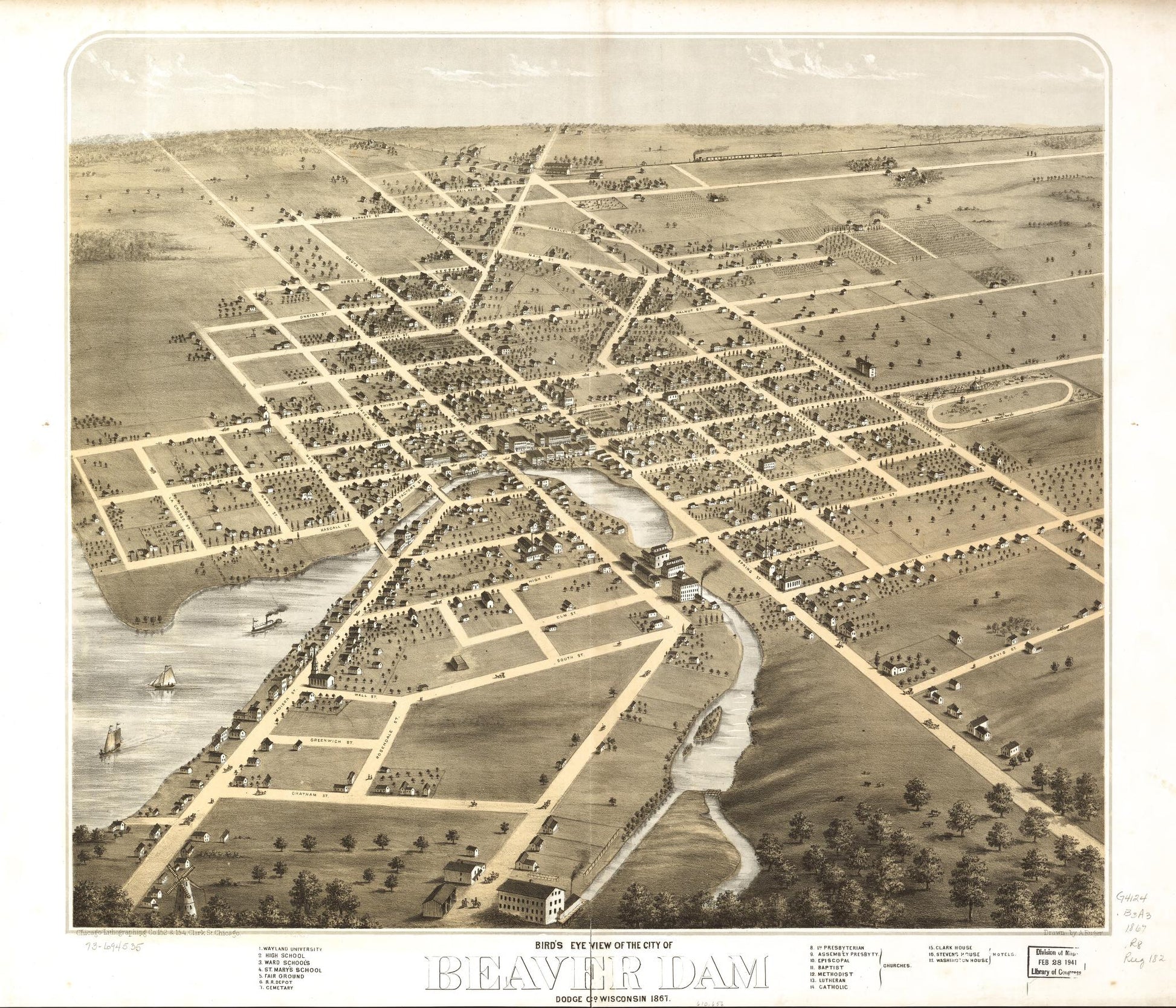 Bird's eye view of the city of Beaver Dam, Dodge Co., Wisconsin 1867. (1867) – Historic Bird’s-Eye View Panorama Print