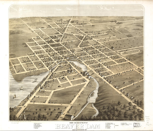 Bird's eye view of the city of Beaver Dam, Dodge Co., Wisconsin 1867. (1867) – Historic Bird’s-Eye View Panorama Print
