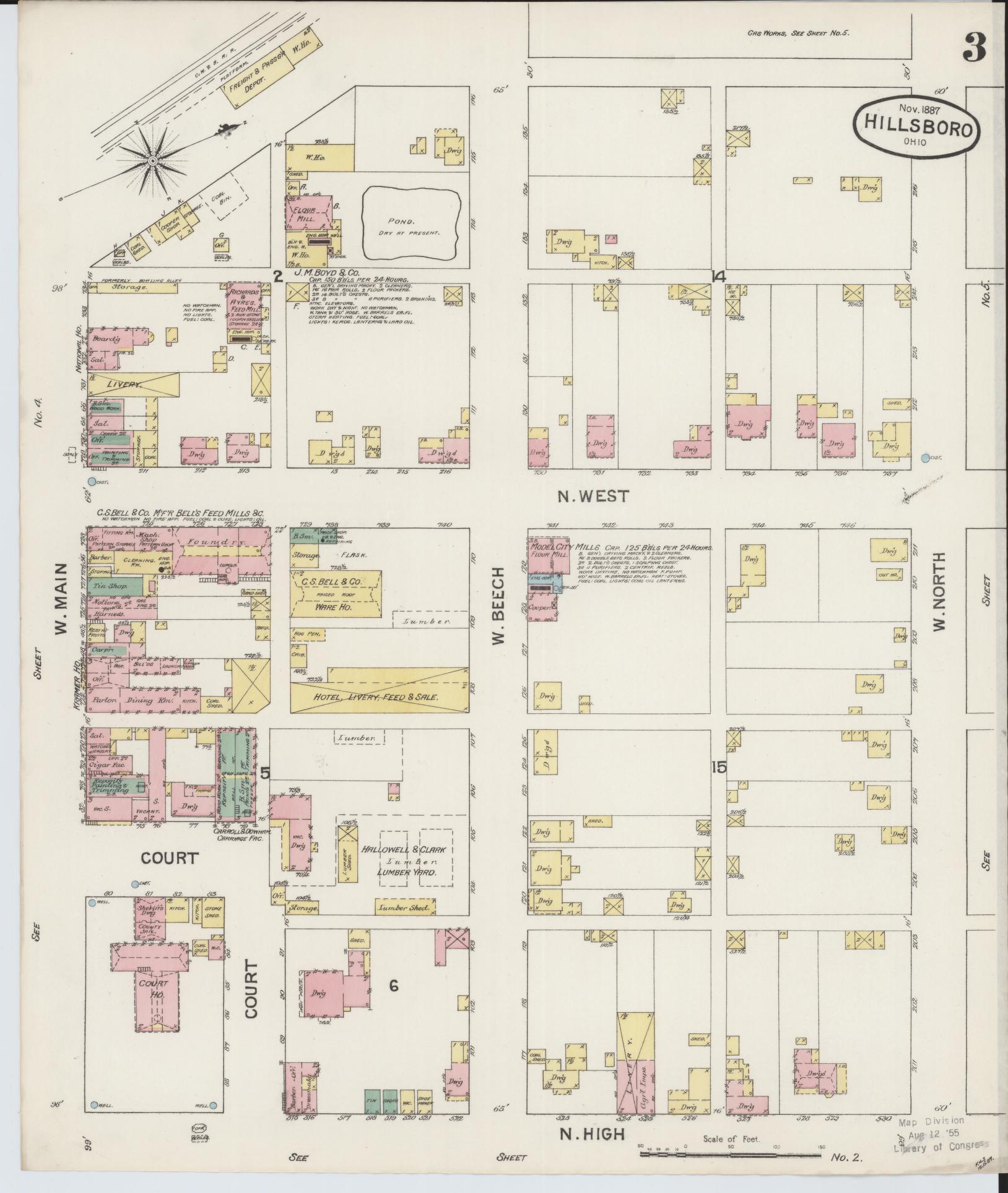 Sanborn Fire Insurance Map from Hillsboro, Highland County, Ohio (1887), Sheet #0003 - Complete Map Set gallery image, historic Sanborn map, vintage wall art, Ohio Ohio