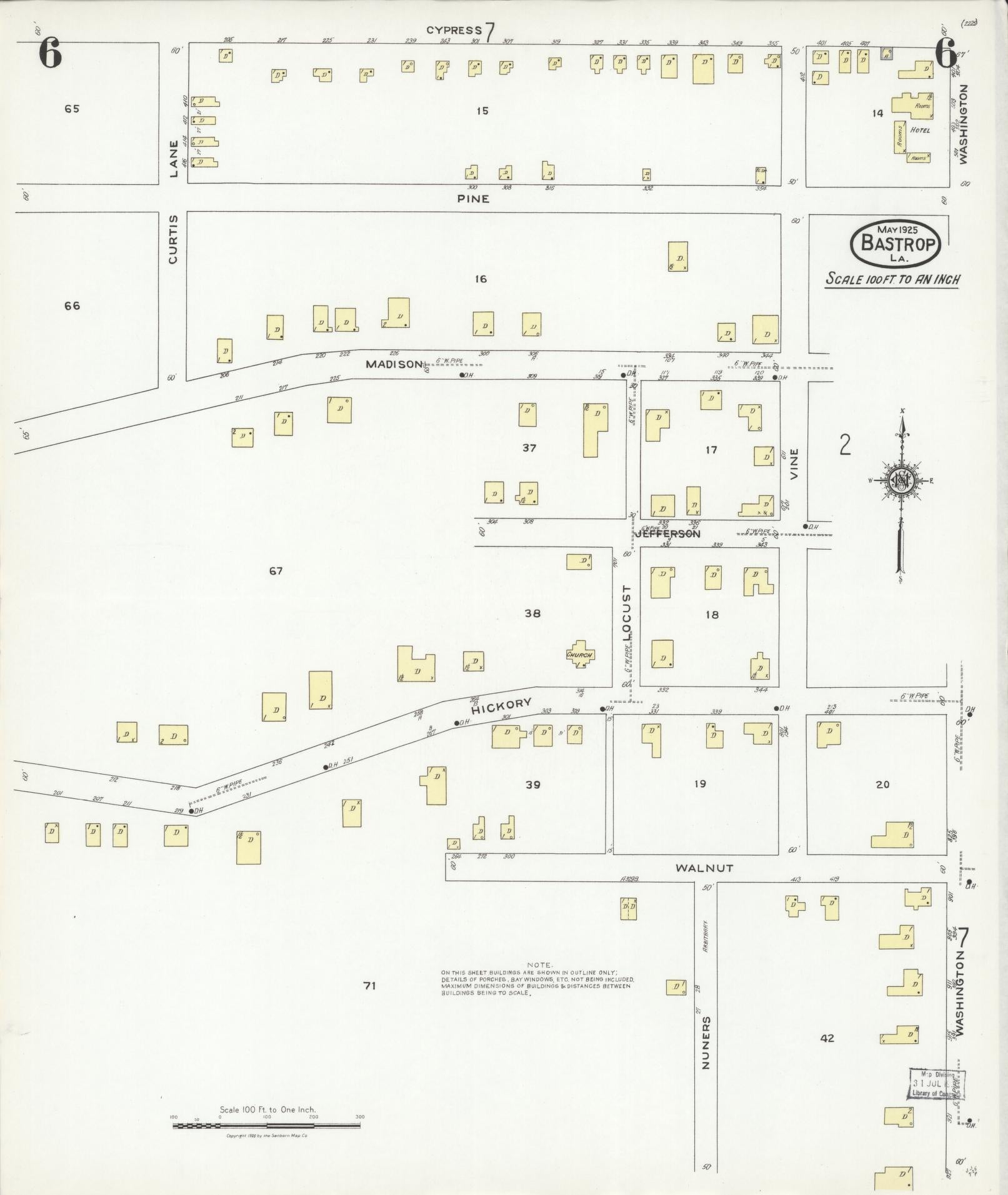 Sanborn Fire Insurance Map from Bastrop, Morehouse Parish, Louisiana (1925), Sheet #0006 - Historic Sanborn Fire Insurance Map Print, vintage old map wall art, antique decor, genealogy gift, Louisiana Louisiana map
