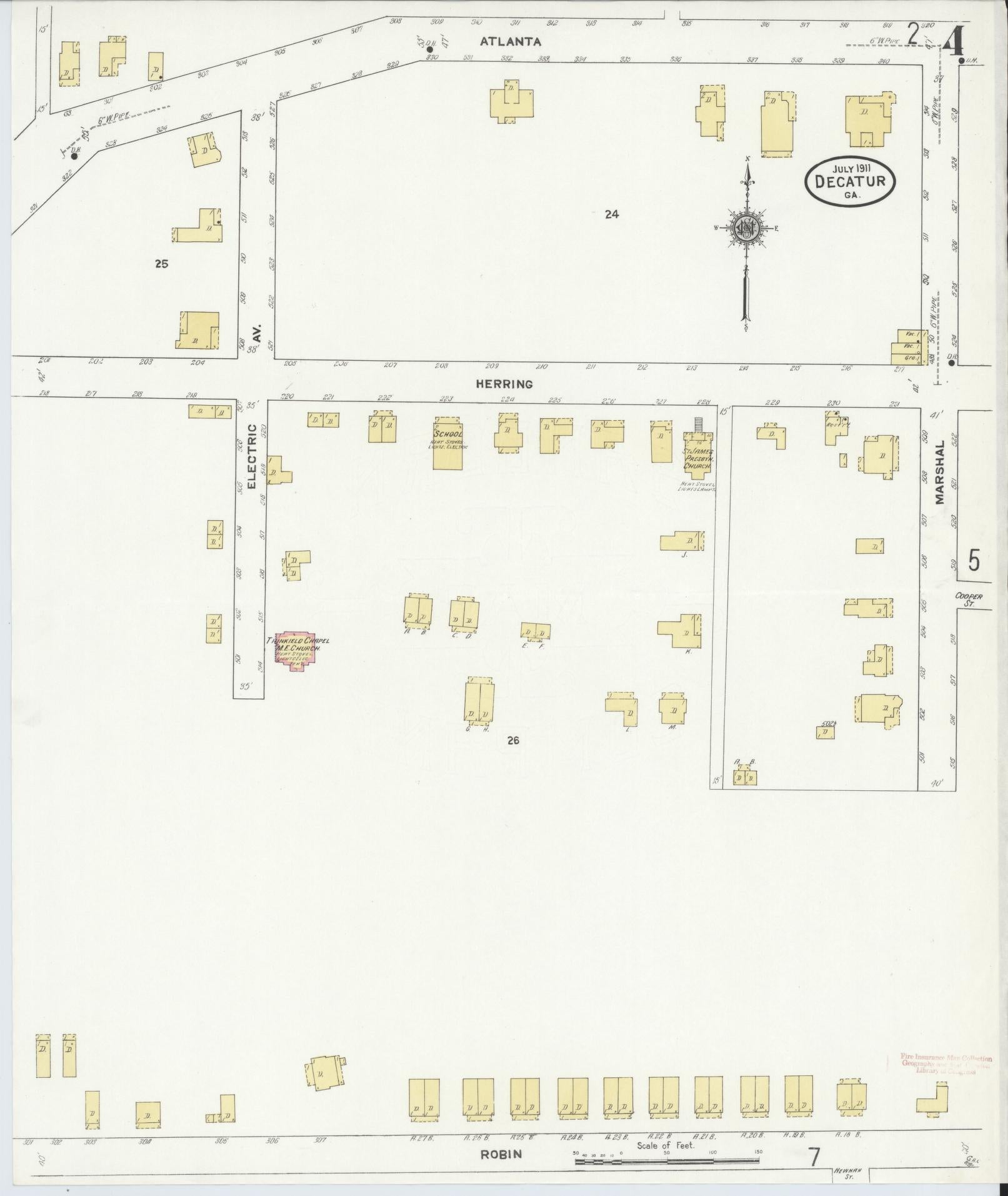Sanborn Fire Insurance Map from Decatur, De Kalb County, Georgia (1911), Sheet #0004 - Historic Sanborn Fire Insurance Map Print, vintage old map wall art, antique decor, genealogy gift, Georgia Georgia map