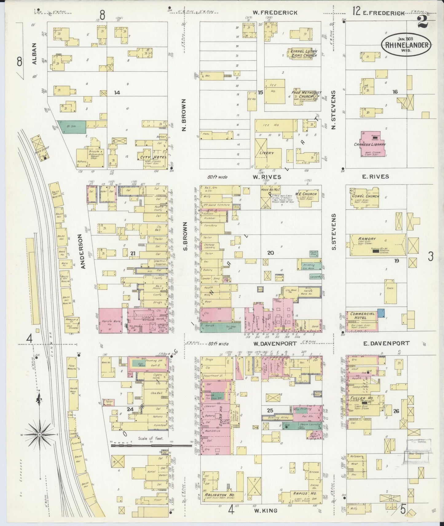 Sanborn Fire Insurance Map from Rhinelander, Oneida County, Wisconsin (1908), Sheet #0002 - Complete Map Set gallery image, historic Sanborn map, vintage wall art, Wisconsin Wisconsin