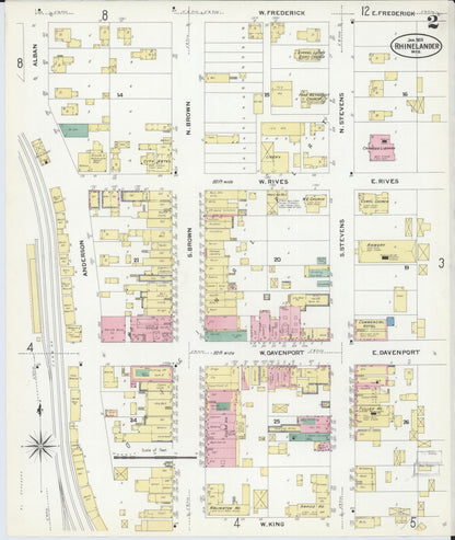 Sanborn Fire Insurance Map from Rhinelander, Oneida County, Wisconsin (1908), Sheet #0002 - Complete Map Set gallery image, historic Sanborn map, vintage wall art, Wisconsin Wisconsin