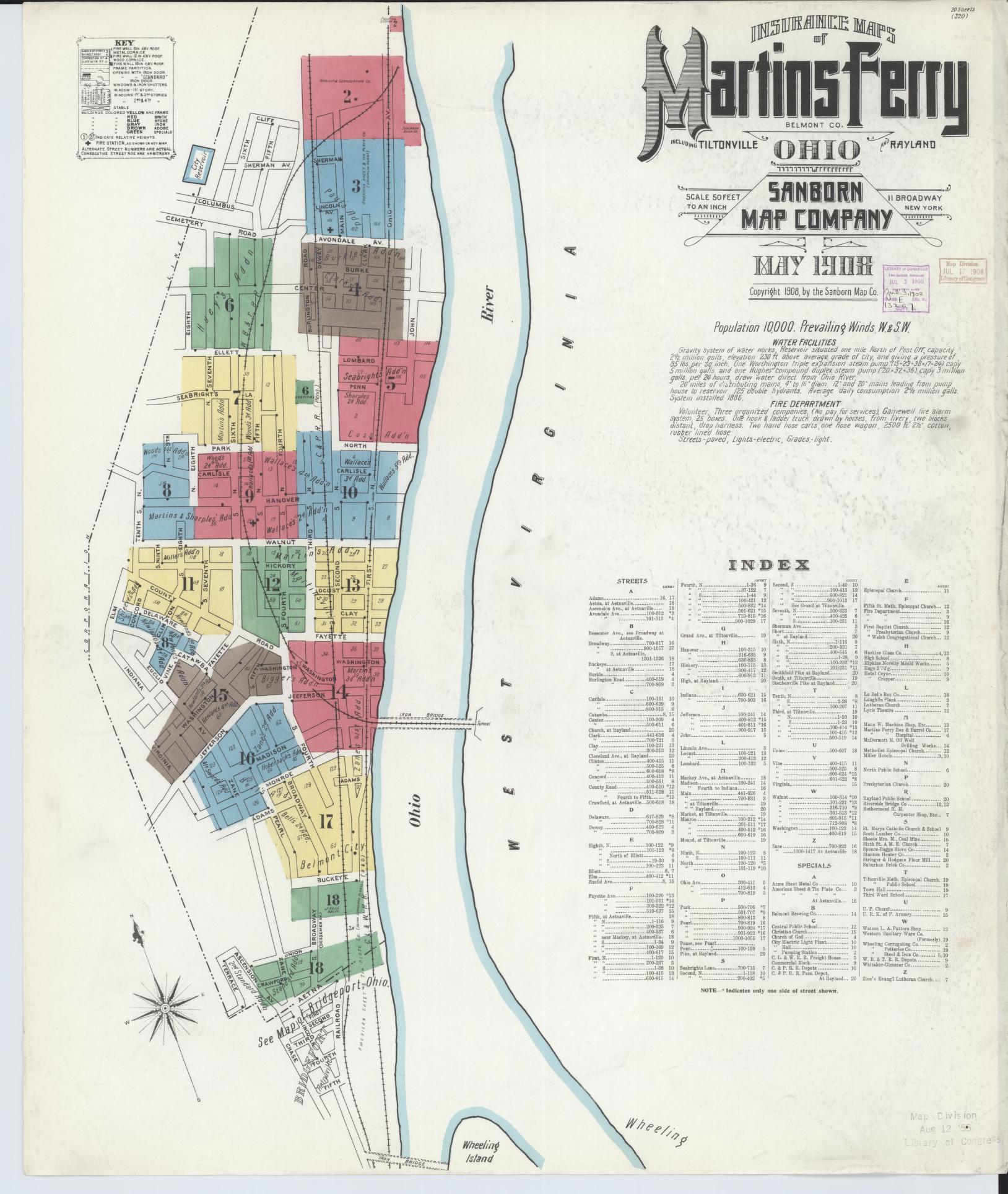 Sanborn Fire Insurance Map from Martins Ferry, Belmont County, Ohio (1908), Sheet #0001 - Historic Sanborn Fire Insurance Map Print, vintage old map wall art, antique decor, genealogy gift, Ohio Ohio map