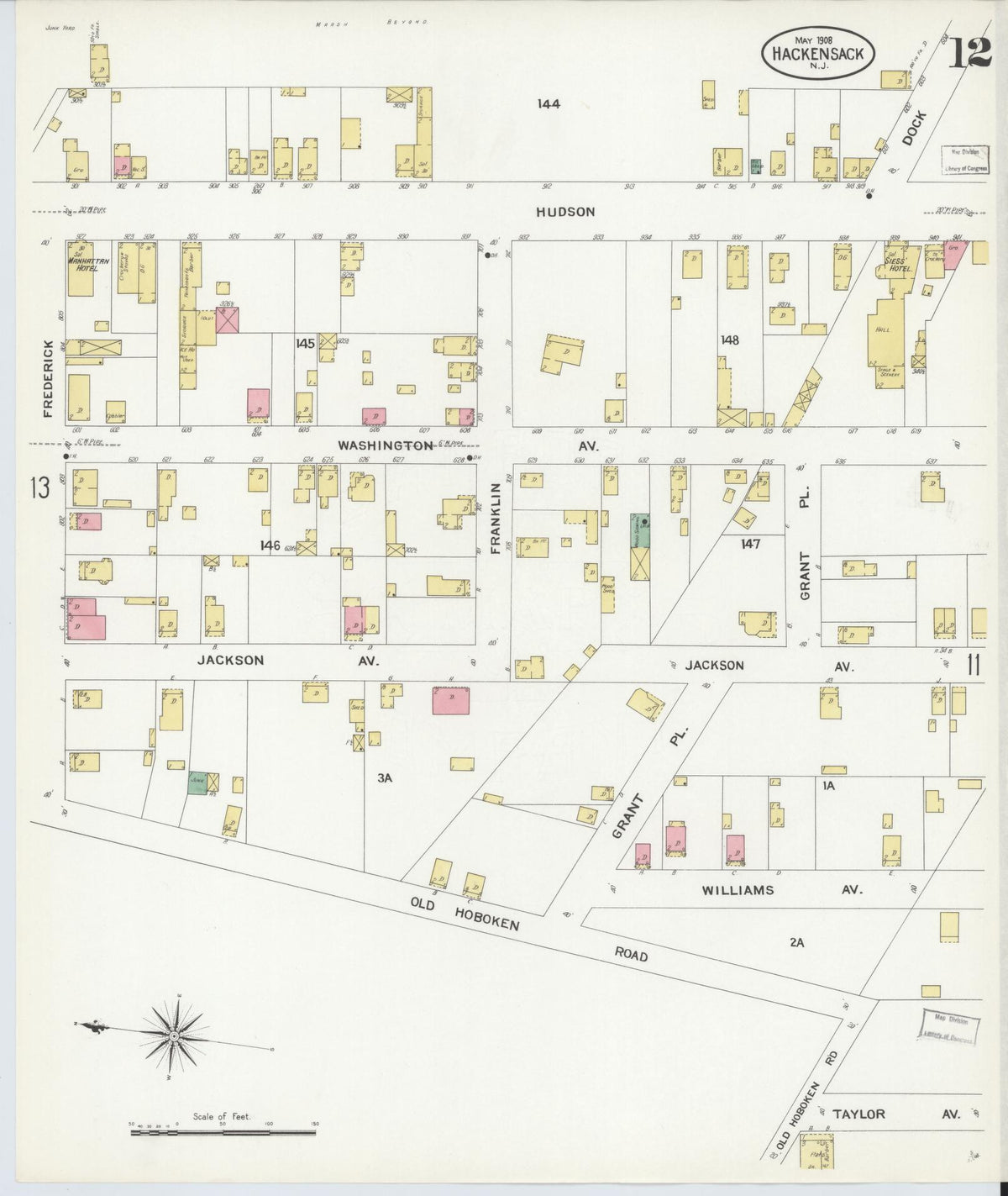 Sanborn Fire Insurance Map from Hackensack, Bergen County, New Jersey (1908), Sheet #0012 - Historic Sanborn Fire Insurance Map Print, vintage old map wall art, antique decor, genealogy gift, New Jersey New Jersey map
