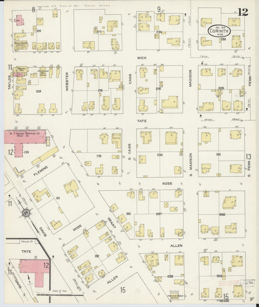 Sanborn Fire Insurance Map from Corinth, Alcorn County, Mississippi (1913), Sheet #0012 - Historic Sanborn Fire Insurance Map Print, vintage old map wall art, antique decor, genealogy gift, Mississippi Mississippi map